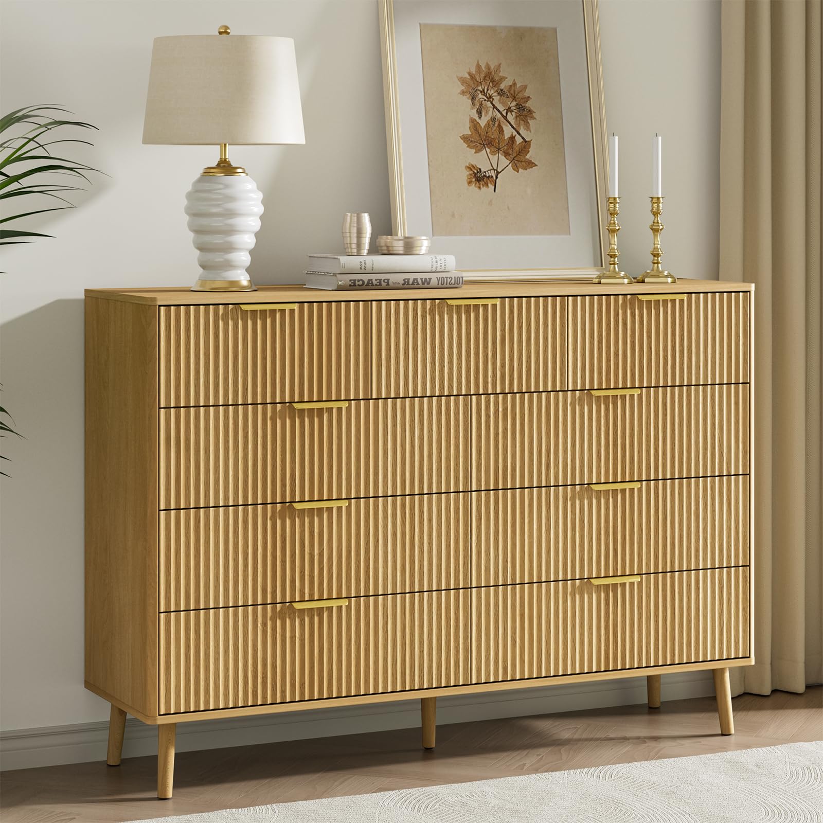 LYNSOM Fluted 9 Drawer Dresser for Bedroom, 55" Wide Modern Chest of Drawers with Curved Profile Design and Metal Handles, Wood Dresser TV Stand &