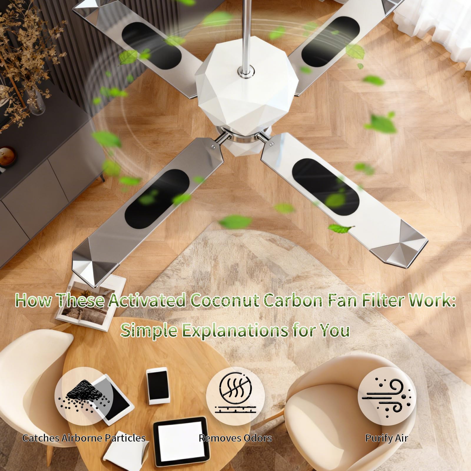 Amestar Paquete de 20 filtros de ventilador de techo para aspas, almohadillas purificadoras de aire para ventilador de techo negras, accesorios de filtro de ventilador de techo de carbón de coco