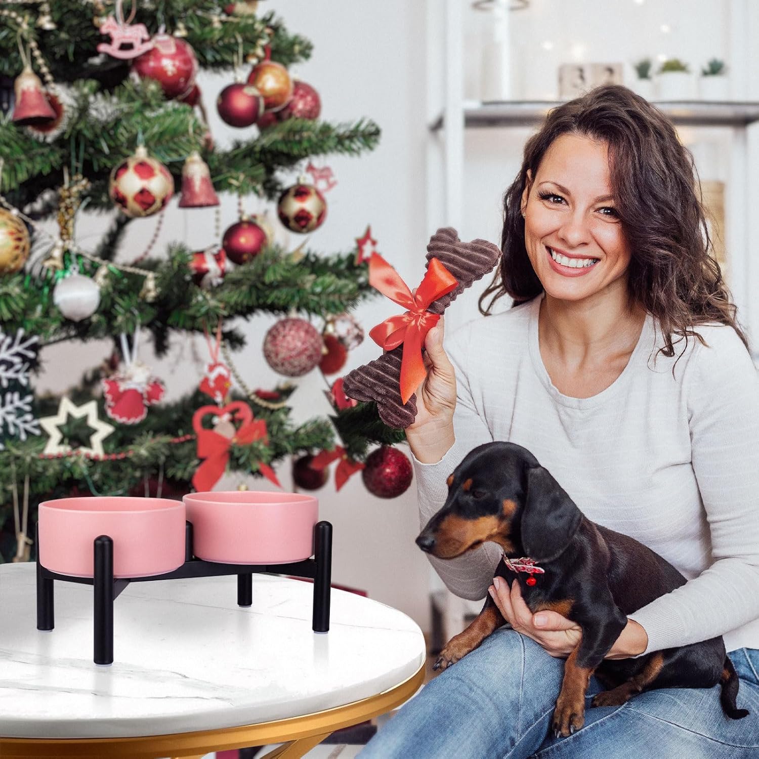 Raised Ceramic Dog Bowl Set - Elevated Double Dishes with Stainless Steel Stand - Food and Water Bowls for Small to Medium Dogs - Each Holds 2 Cups (28.75 fl oz) - White - Image 9