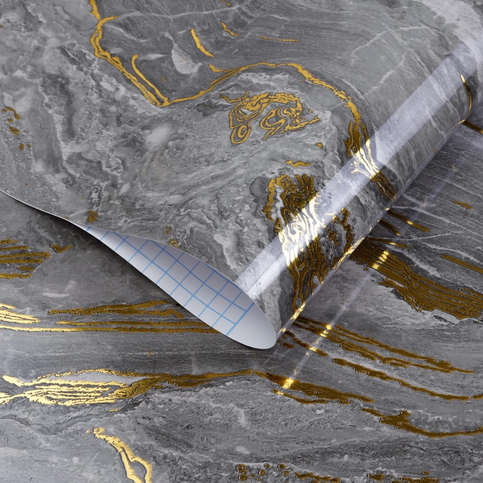 CAX Thick Marble Peel and Stick Wallpaper Grey Gold (40x200cm) - Marble Look Self-Adhesive Waterproof Wallpaper,High Gloss Vinyl Film for Kitchen Countertop Furniture Easy to Remove