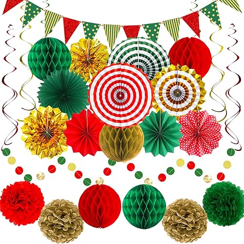 Banderas triangulares de Navidad, banderín de papel rojo verde dorado para cumpleaños de Navidad, decoraciones de fiesta de Navidad, decoración de