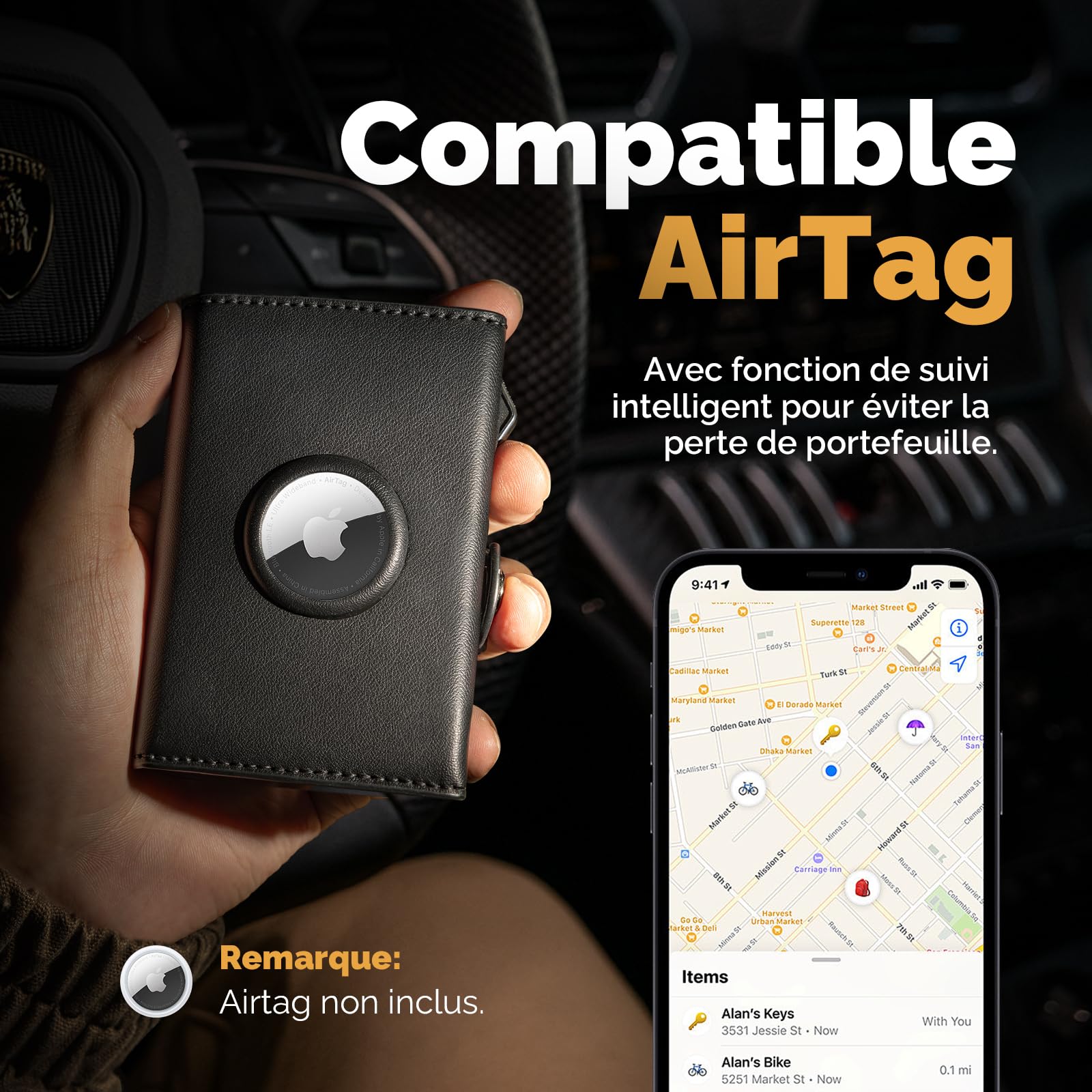 AirTag Portefeuille pour Homme avec Blocage RFID, Compact Air Tag pour 12 Cartes, Porte-Monnaie Pop-up avec Compartiment à Monnaie et 2 fenêtres d'identité, Noir