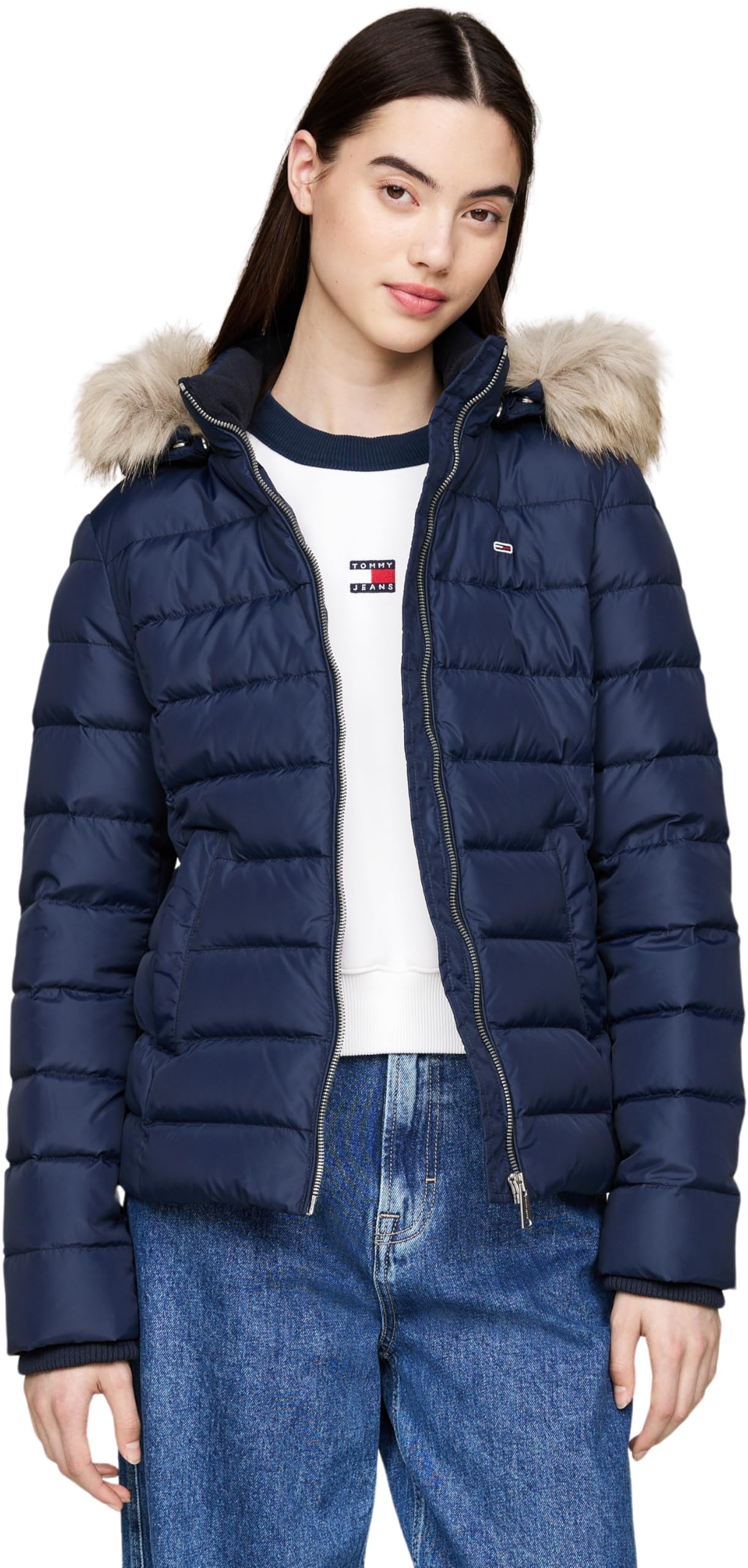 Tommy Jeans Women's TJW BASIC HOODED DOWN JACKET EXT DW0DW18312, Blue (Dark Night Navy), L