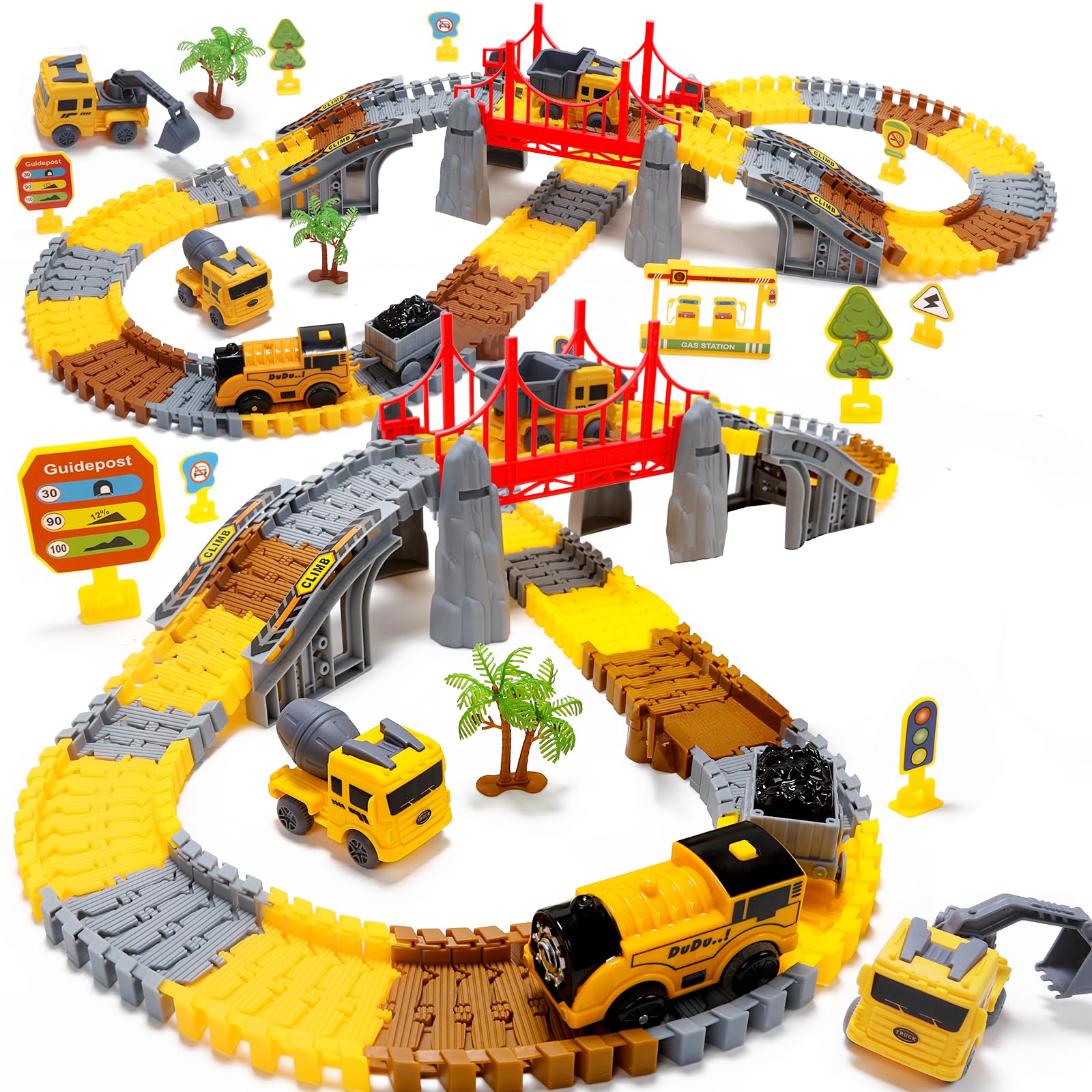 EagleStone Construction Track Set for Kids,206 PCS Flexible Race Tracks with 1 Electric Train,Excavator,Dump Truck, Cement Mixer, DIY Railway Toy Playset for Boys & Girls Ages 3-8 Gifts