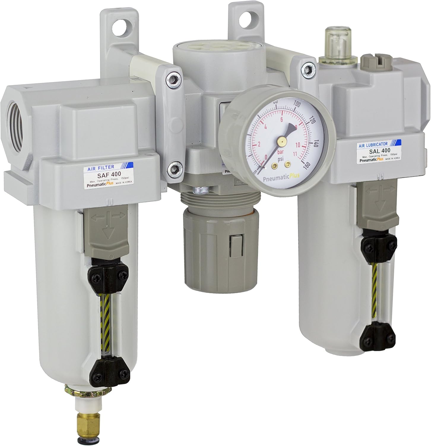 PneumaticPlus SAU400-N06DG-MEP Compressed Air Filter Regulator Lubricator Combo 3/4" NPT - Metal Bowl, Auto Drain, Bracket, Gauge