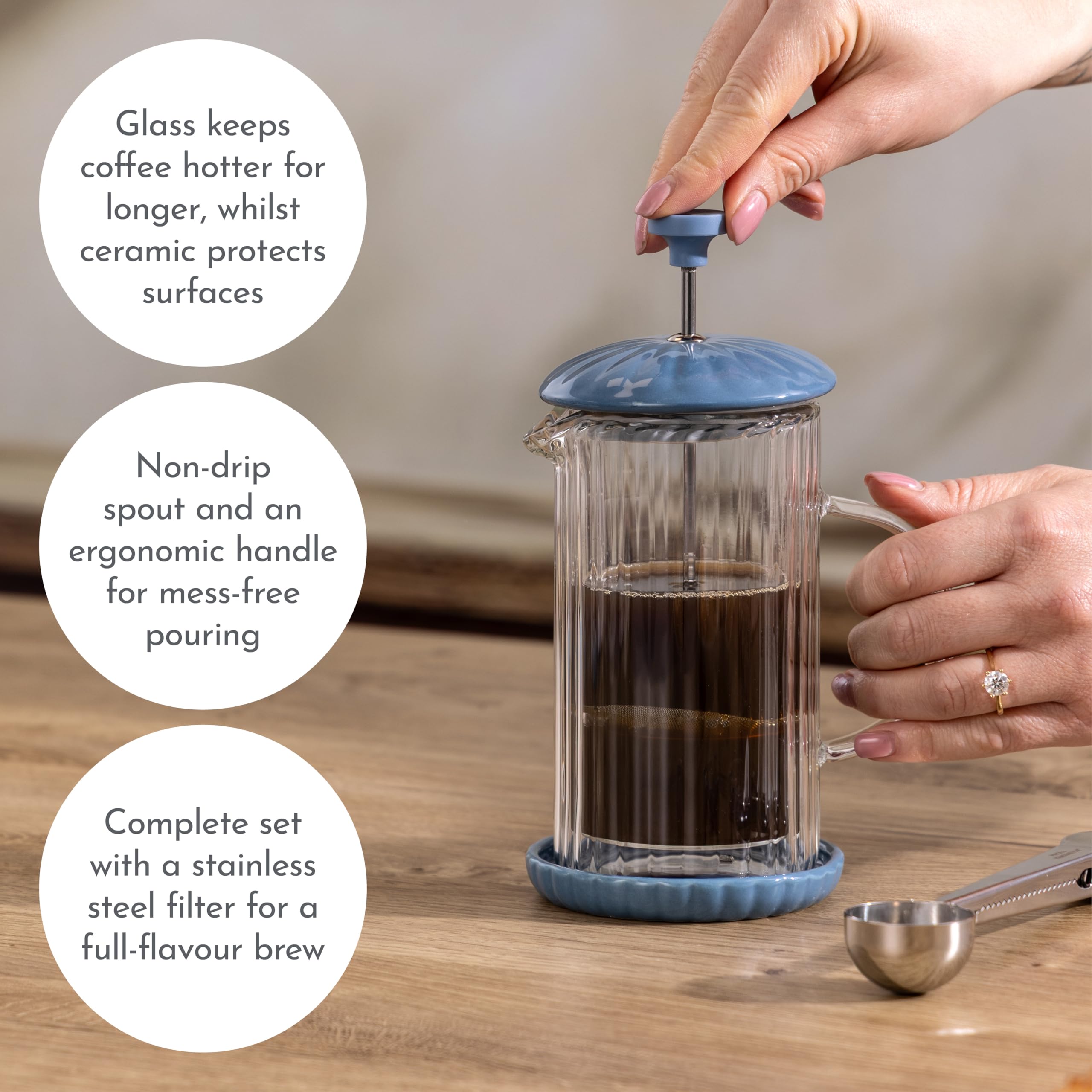 Price & Kensington Luxe French Press Bluebell Cafetiere 350 ml (do 1-1,5 małych filiżanek), ekspres do kawy z podwójną ścianką z filtrem tłokowym ze stali nierdzewnej, ceramiczna podstawka