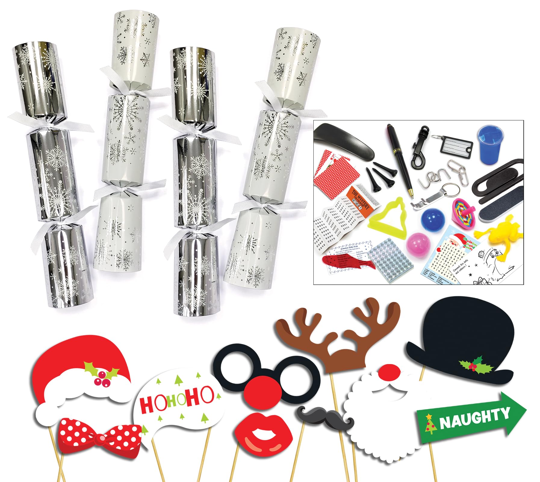 Diamond Christmas Cracker Boys Silver & White Diamond 50 X 12" Snowflakes Catering Christmas And New Year Party Crackers With Premium Content + 50Pcs Of Party Photo Booth Props On Sticks