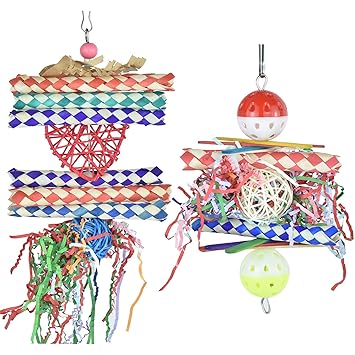 GUANLANT Bird Toys for Parakeets, Parrots Foraging Chewing Toys, Bird Cage Shredder Toys,Treats Feeder Toys for Conures, Cockatiel Foot Bell Ball Toy with Crinkle Paper for African Grey Cockatoo