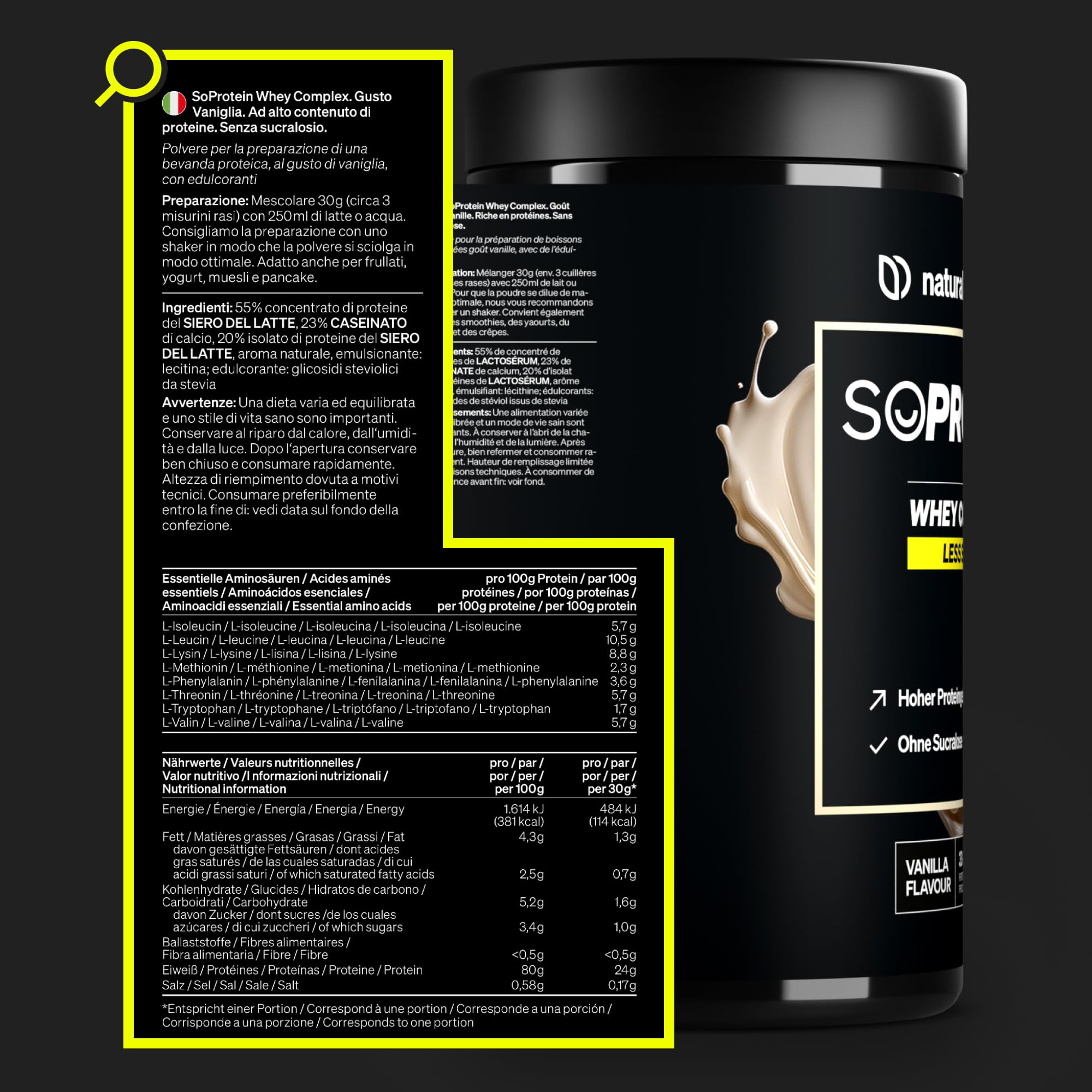 Polvere Whey alla Vaniglia 1 kg - 25 g Proteine per Porzione, Siero di Latte e Caseina, Dolcificate con Stevia, Made in Germany | natural elements