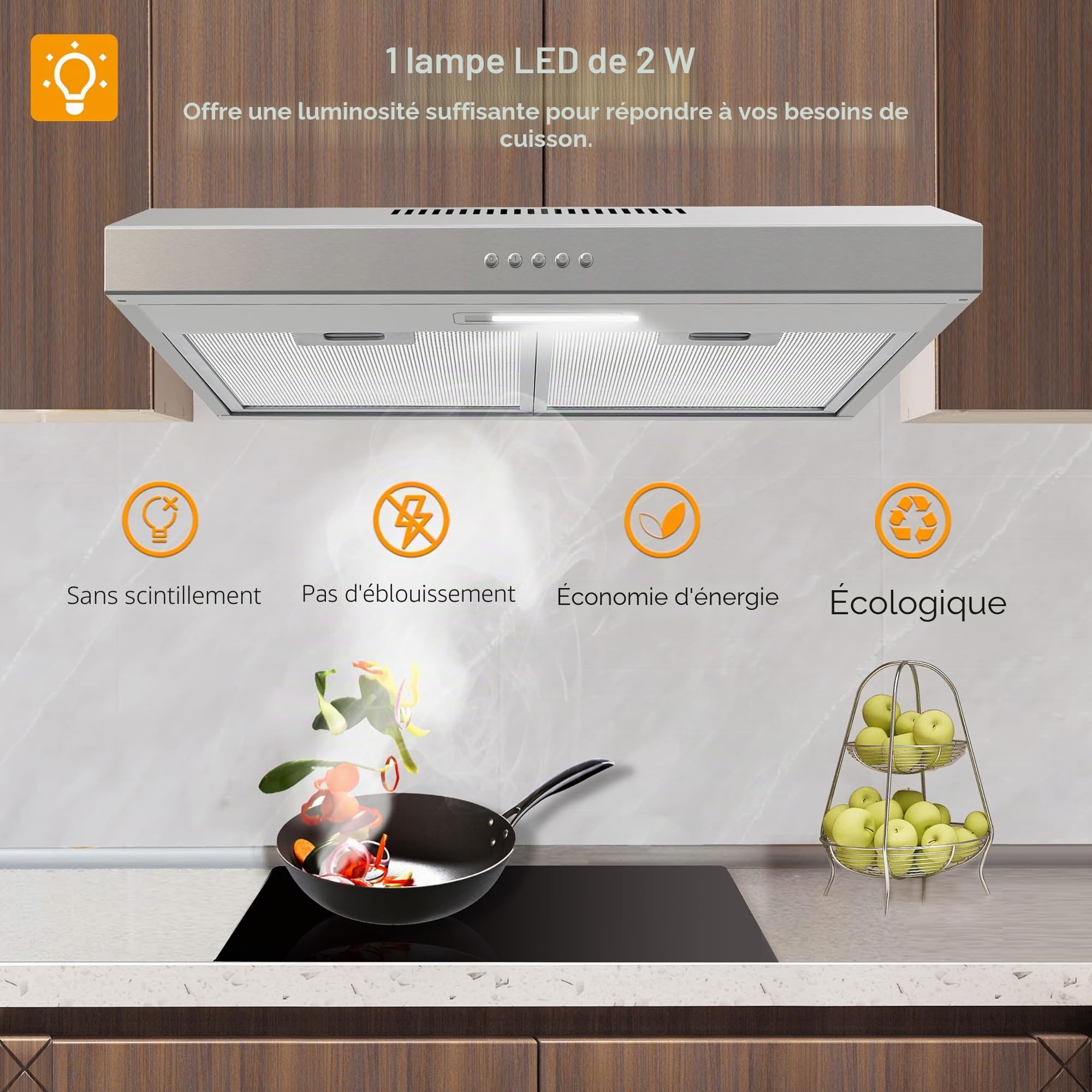 FIREGAS Hotte Aspirante 60cm, Extracteur de Cuisine Sans Évacuation, 3 Vitesses, Filtres en Aluminium Lavables, Filtres à Charbon inclus, Argent