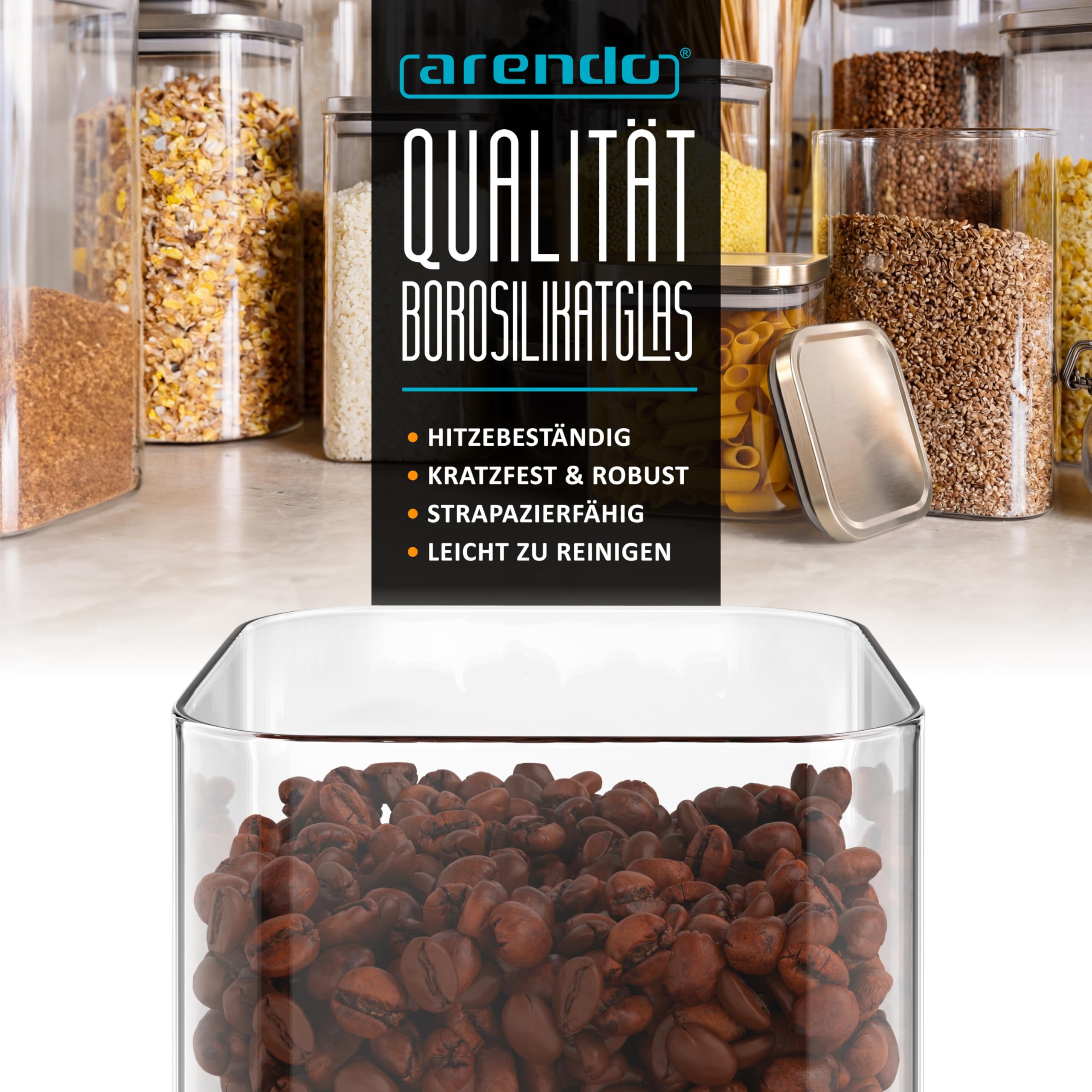 Arendo - Vorratsbehälter 1650ml mit Deckel Edelstahl - 6er Set - Behälter aus Glas – hitzebeständig – Vorratsdosen/Vorratsgläser mit Edelstahl Deckel - luftdicht - für Müsli Zucker Mehl Kaffee