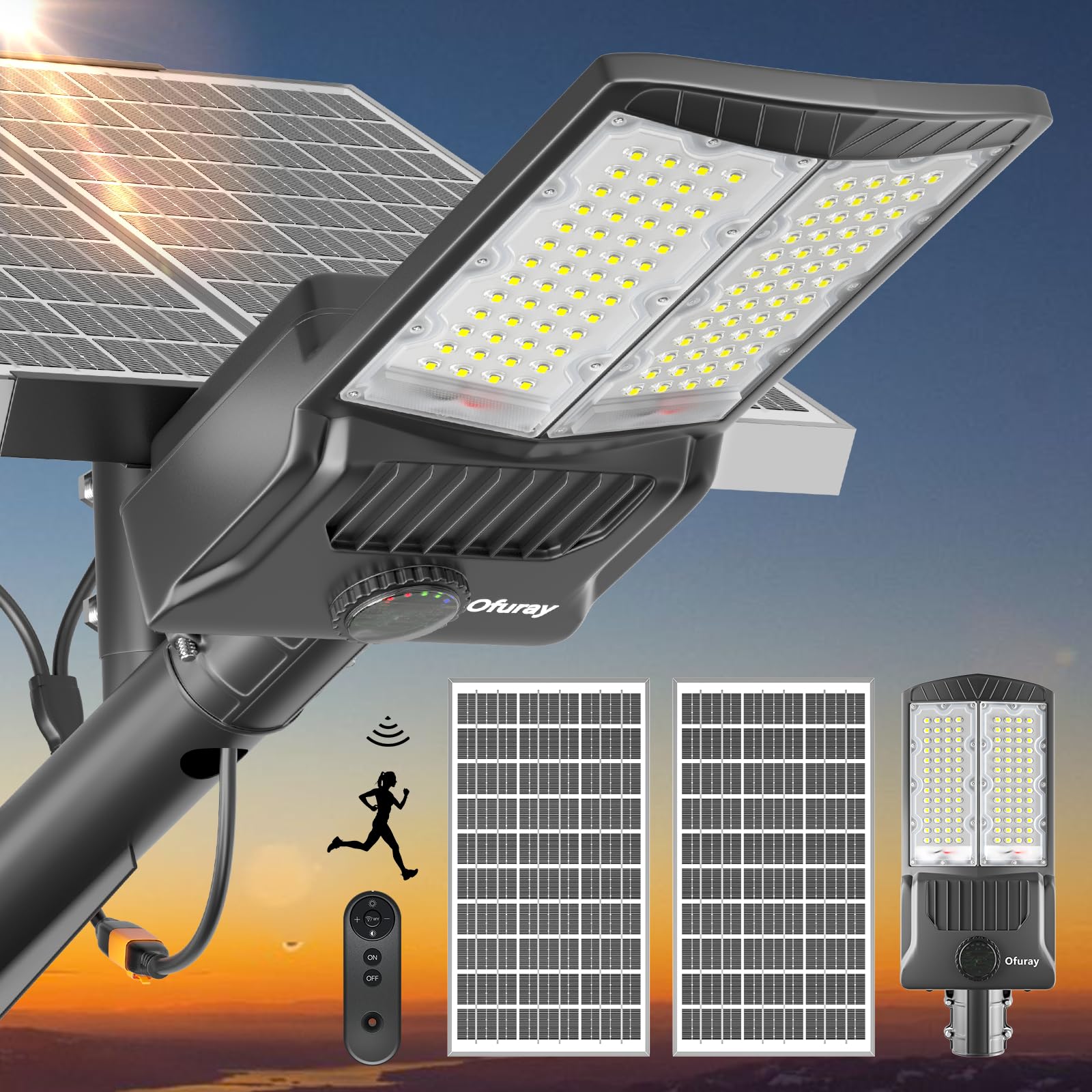 Ofuray Of-8800W Solar Street Light Outdoor,Solar Parking Lot Lights Commercial Dusk to Dawn 6500k,IP67 Waterproof Street Light with Motion Sensor & Remote,for Yard, Garage, Barn,Court