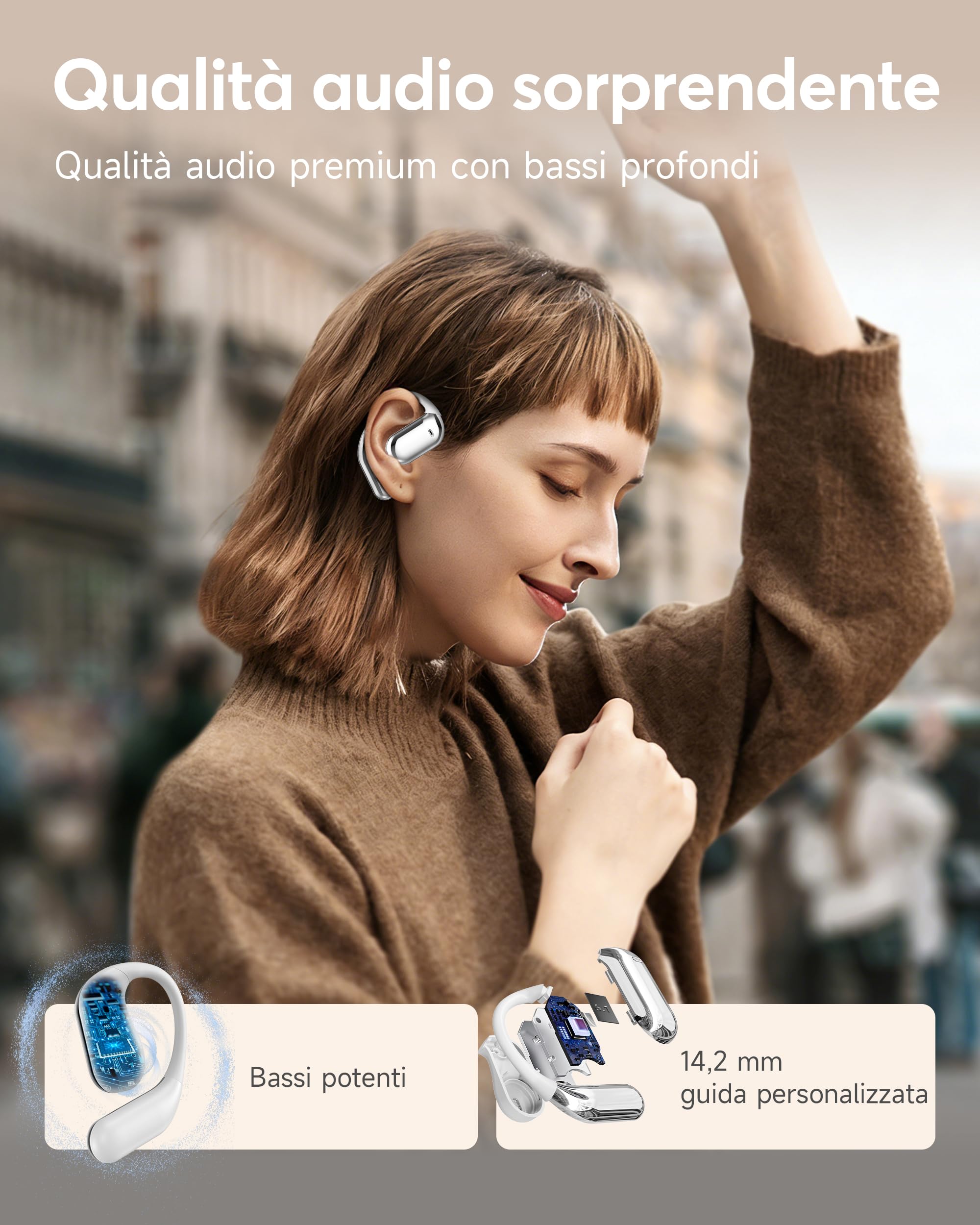 Cuffie Bluetooth Auricolari Bluetooth 5.4, Sport Cuffiette Wireless, Cuffie Open Ear 48 Ore di Riproduzione, Cuffie Senza Filo HiFi Stereo IP7 Impermeabili, Auricolare per iOS & Android, Bianco Avorio