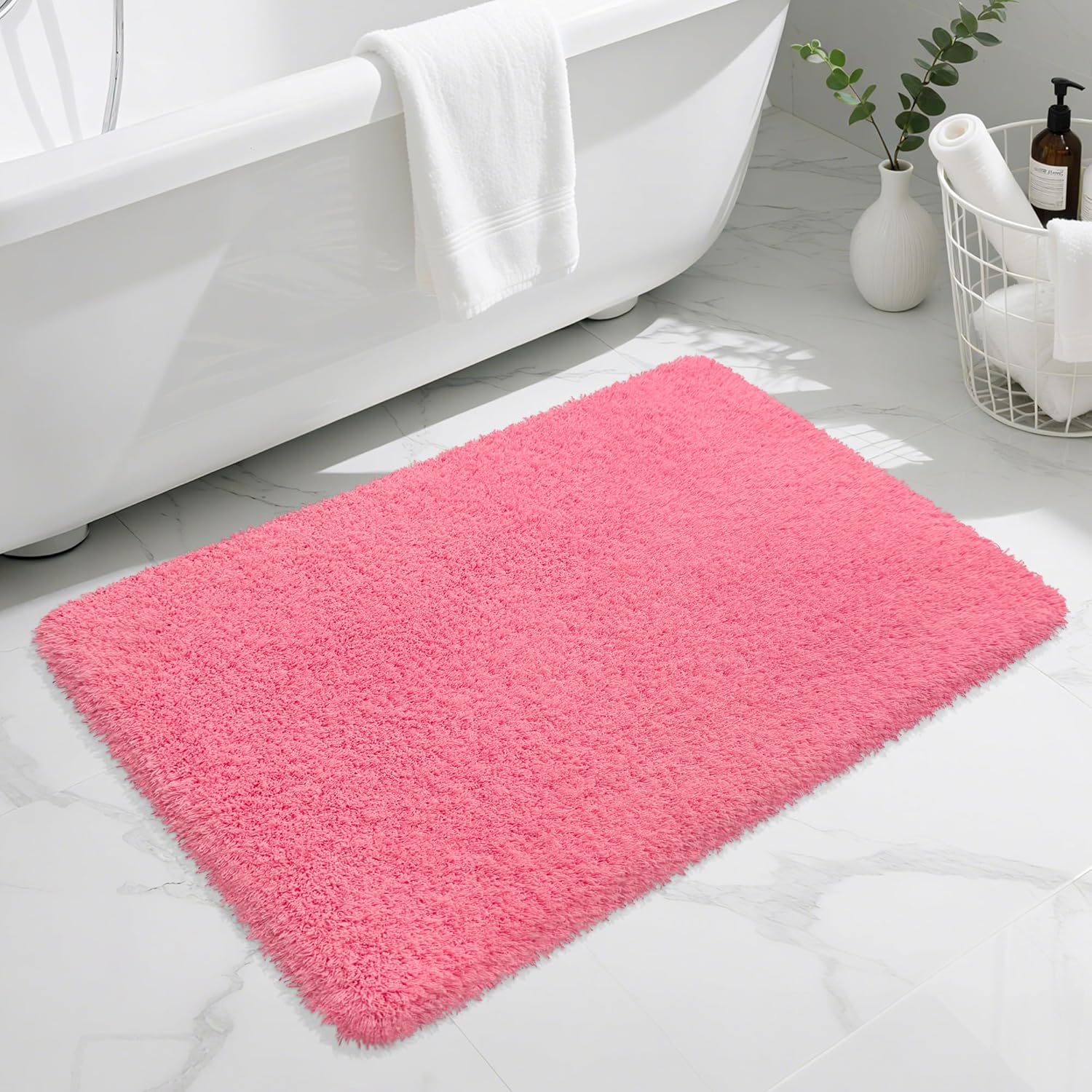 Bathroom Rugs Non Slip 36"x24", Absorbent Bath Mats Quick Dry, Shaggy Microfiber Bath Rugs, Extra Soft Plush, Machine Washable Bath Mats for Bathroom Floor, Tub and Shower, Pink Pink 36" x 24"(Rectangular)