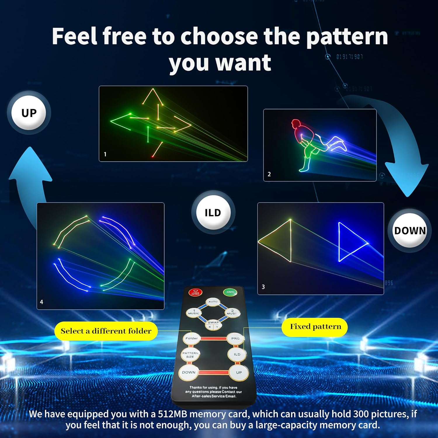 SALA LM-002 DJ Laser Light displaying various 3D animations