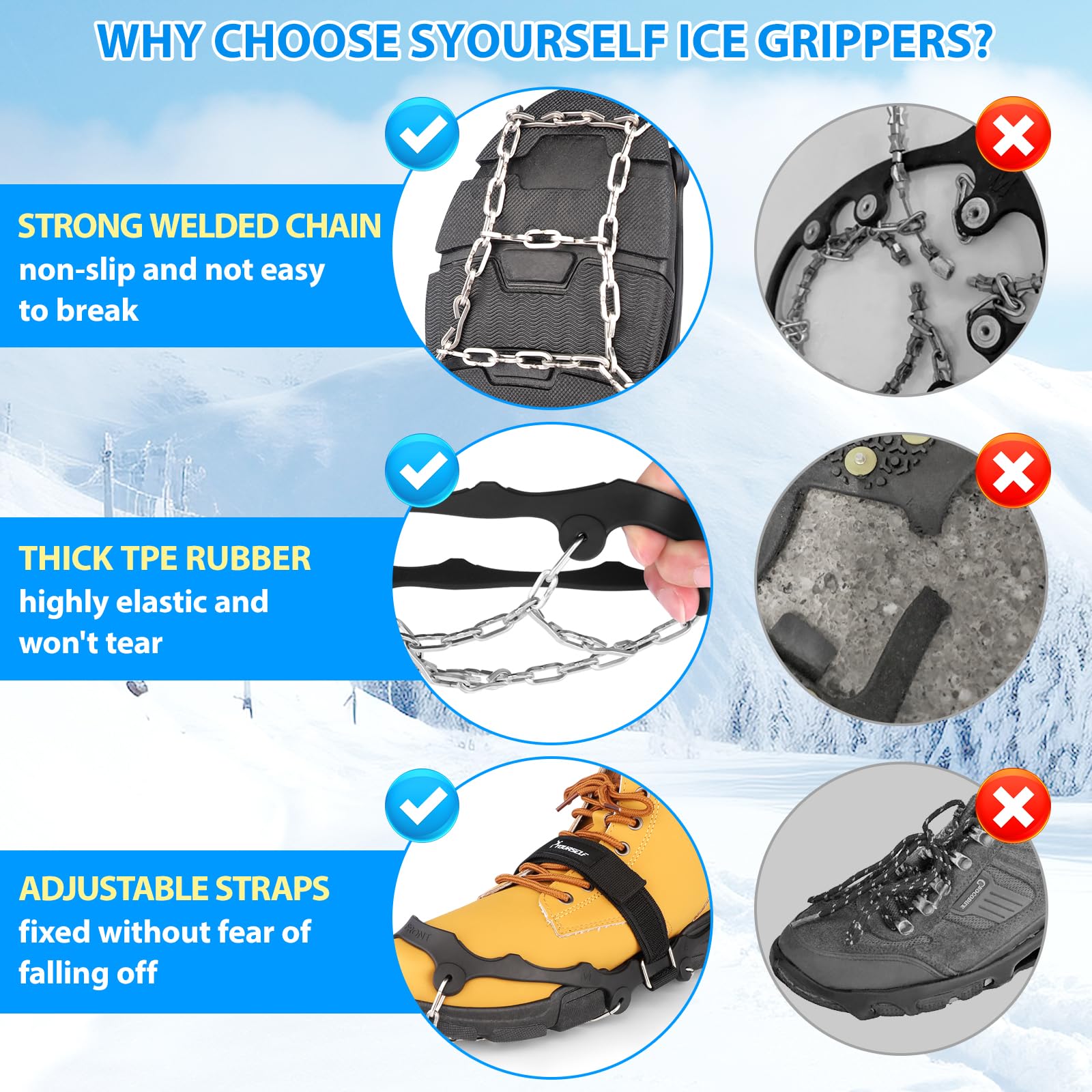 SYOURSELF Tacchetti da ghiaccio per scarpe e stivali da donna e uomo, ramponi antiscivolo catene da neve pinze per ghiaccio per scarpe e stivali, tacchetti di trazione per neve e pesca sul ghiaccio