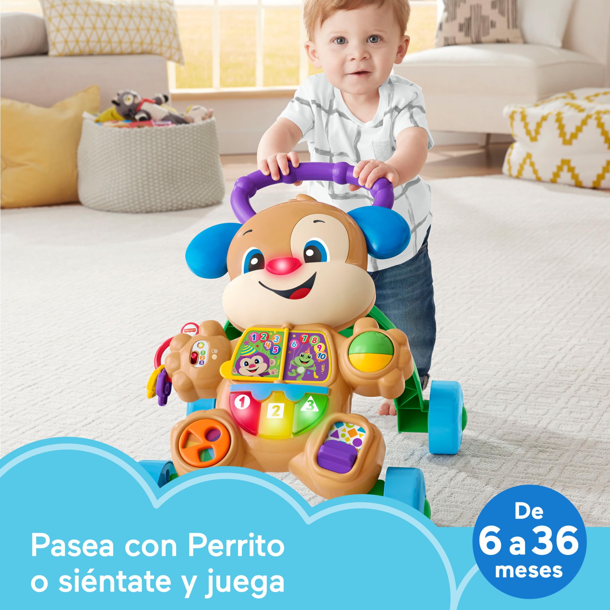 Fisher-Price Ríe y aprende Andador perrito primeros pasos, correpasillos con luces y sonidos, juguete de aprendizaje para bebé +6 meses, versión español + portugués + italiano + inglés (HWD62)