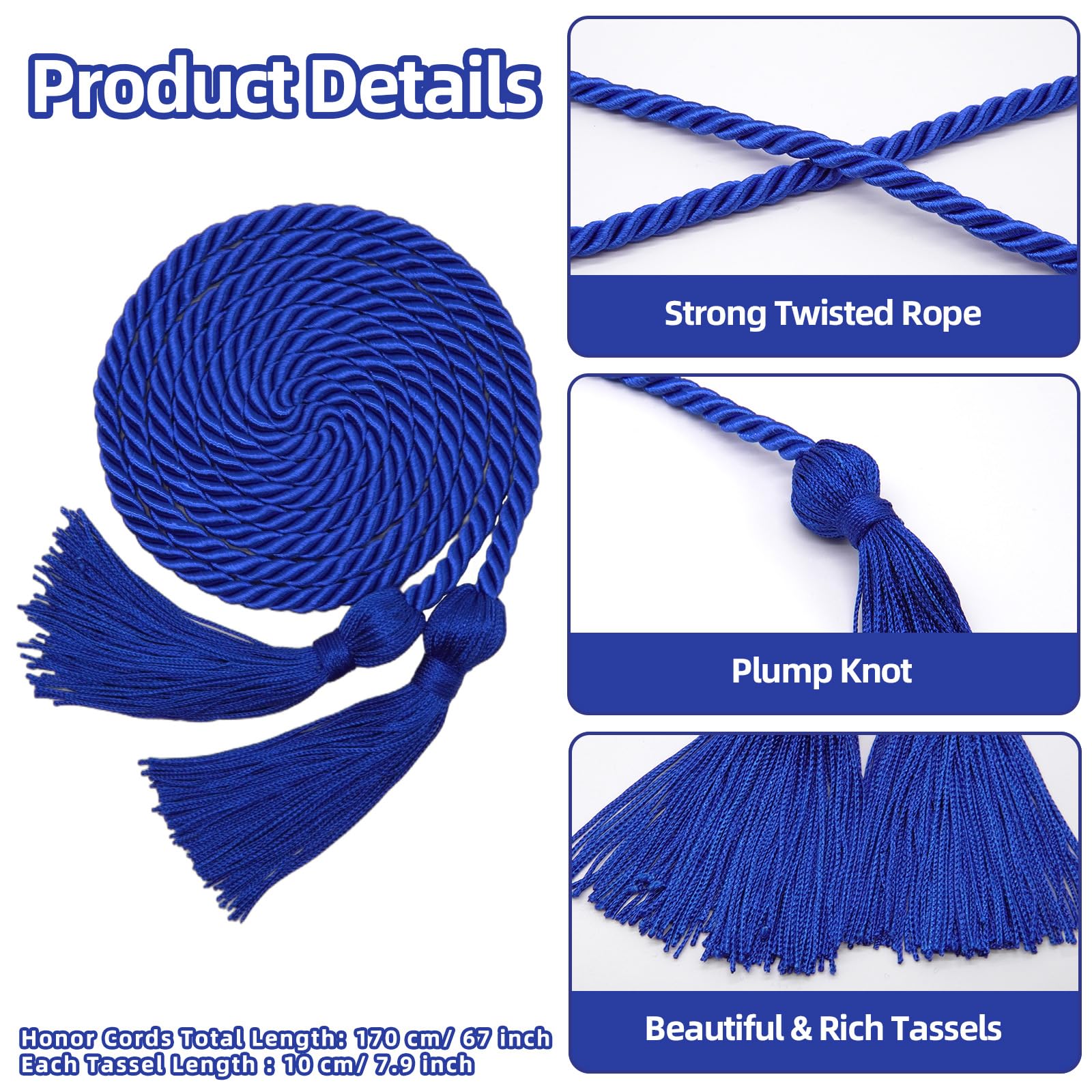 Cheelyvin.H 50 Pcs Graduation Honor Cords with Tassel for High School College Graduation, Gold, Royal Blue, Royal Blue & Red & White
