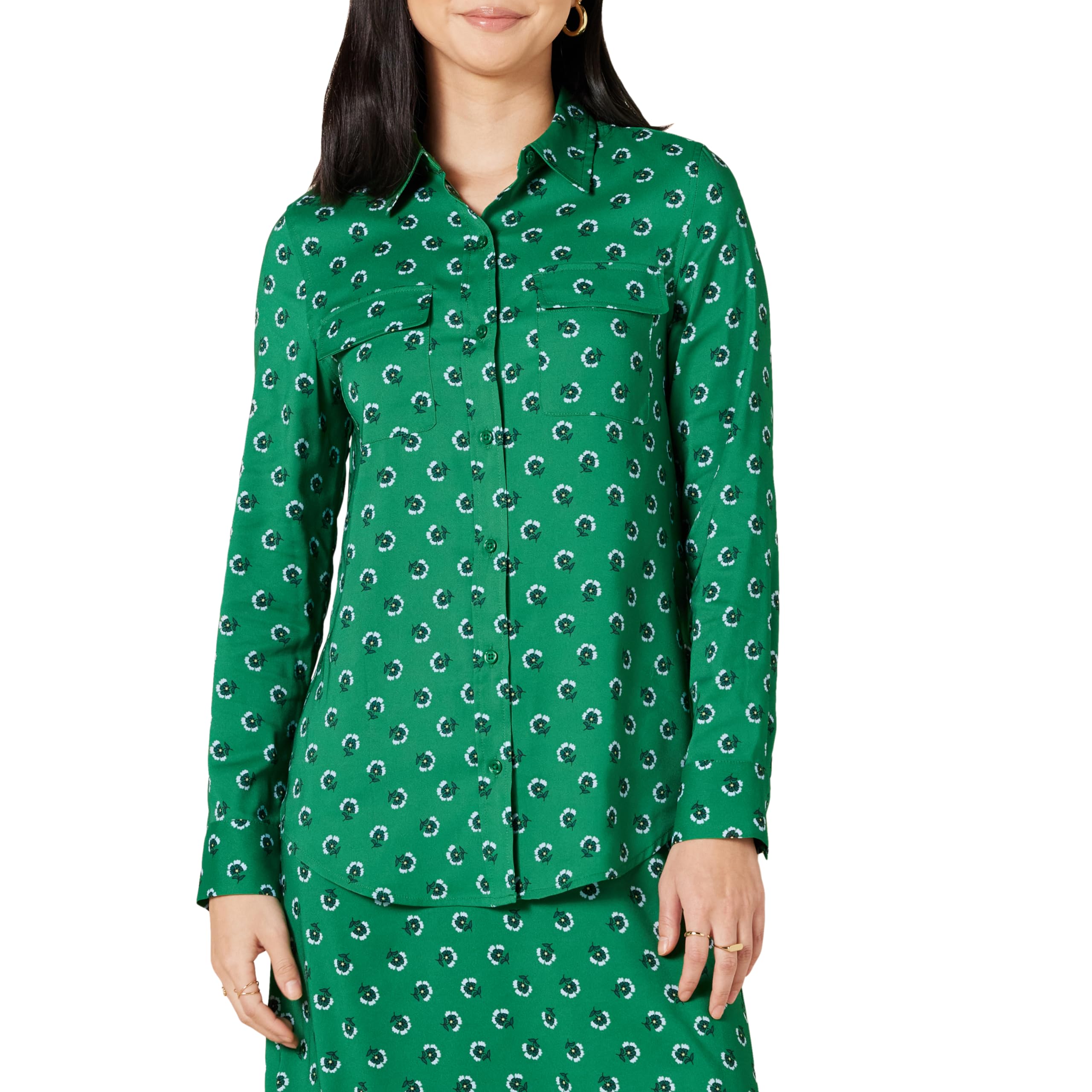 Amazon Essentials Womens Georgette Long Sleeve Relaxed-Fit Pockets Shirt, Green, Tossed Floral, XX-Large