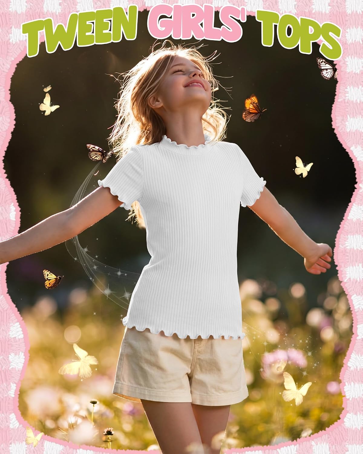 3 Pack Girls' Ribbed Short Sleeve T Shirts Summer Lettuce Trim Tops Crew Neck Cute Solid Basic Tee for Kids 5-14 Y