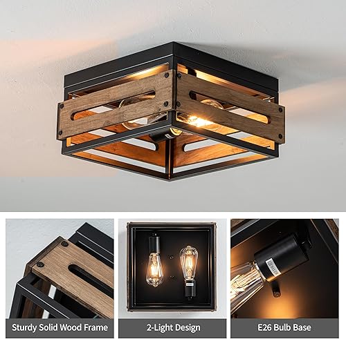 Miniatura 3 de MAYNA Lámpara de techo empotrada de 2 luces, lámpara de techo rústica, cuadrada de metal y madera, lámpara de comedor para pasillo, granja, entrada,