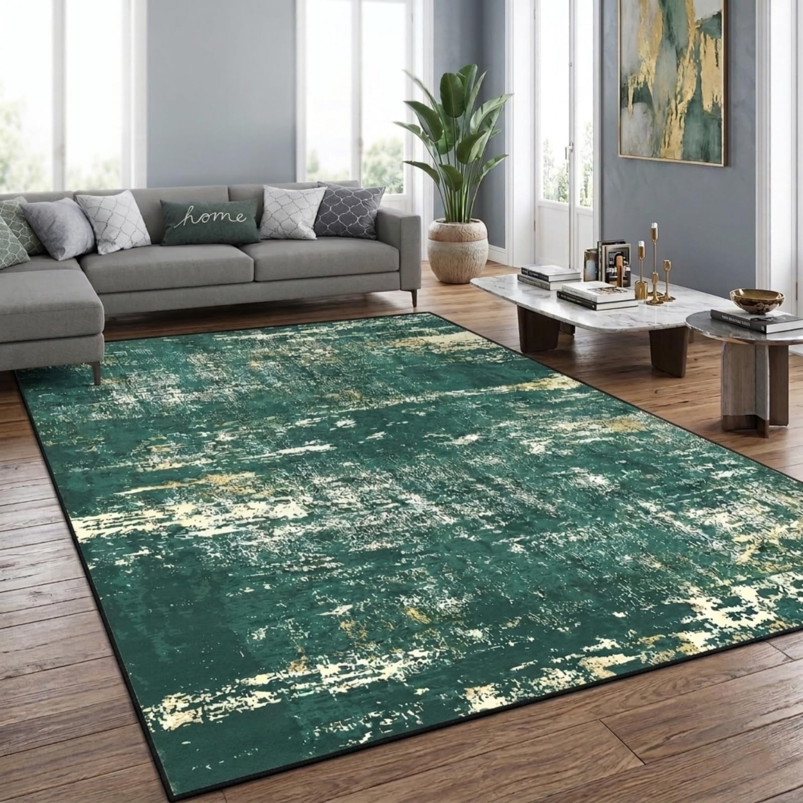 Facai 120x180cm Minimalist Abstract Area Rugs - Lightweight Washable Low Pile Carpet, Non-Slip Modern Green Design for Living Room, Bedroom or Office Floor Decor