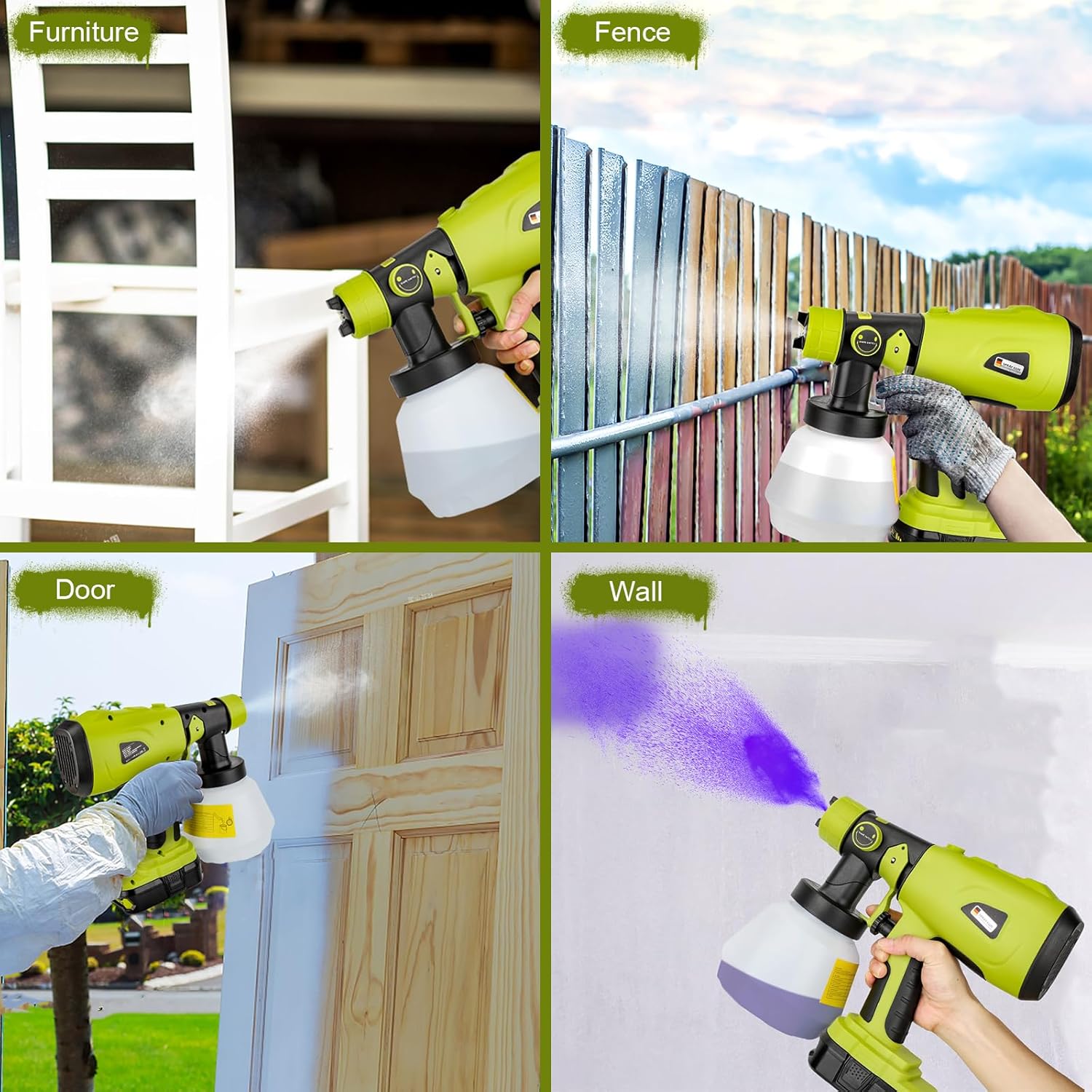 Four-panel image showing the YEX-BUR Cordless Paint Sprayer being used to paint furniture, a fence, a door, and a wall, demonstrating its versatility for various applications.