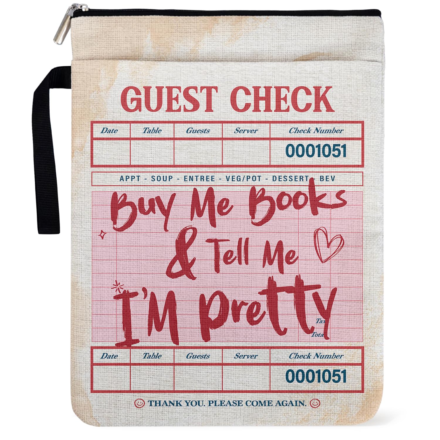 Vintage Guest Check Pattern Book Sleeve for Book Club Gifts with Zipper and Handle Front Pocket for Travel