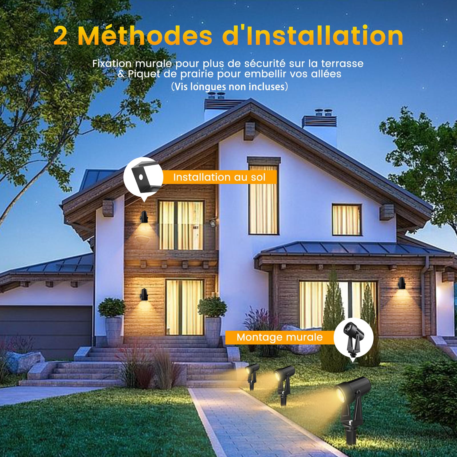 Spot LED Extérieur 26M, 3W×8 Projecteurs Extérieurs Imperméables IP65, 27V Blanc Chaud 3000K LED pour Pelouses, Cours, Terrasses, Maison