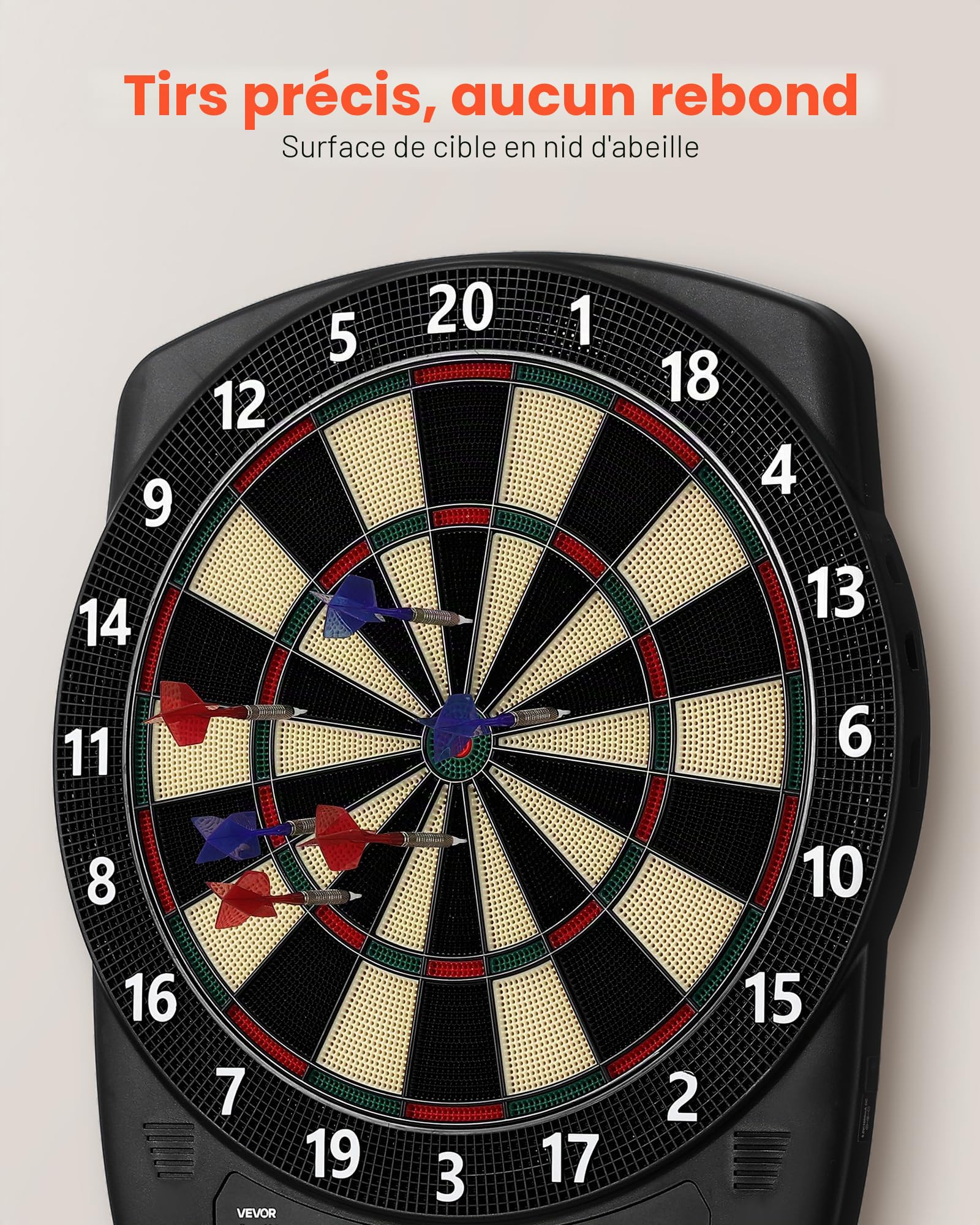 VEVOR Cible de fléchettes électronique 336 mm, Planche à fléchettes avec 43 Jeux et Plus de 200 Variantes pour 8 Joueurs, 6 tiges de fléchette avec ailettes et 50 Pointes Souples, écran LCD Couleur