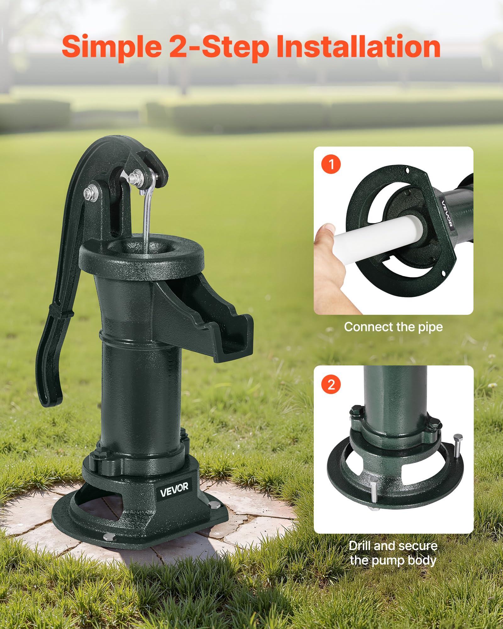 VEVOR Bomba Manual Antigua, 7,6 m de Elevación, de Hierro Fundido, para Pozo, con Conexión NPT, Diseño de Orificio Triangular, para Jardín, Estanque, Patio y Granja, Verde, 230 x 180 x 400 mm