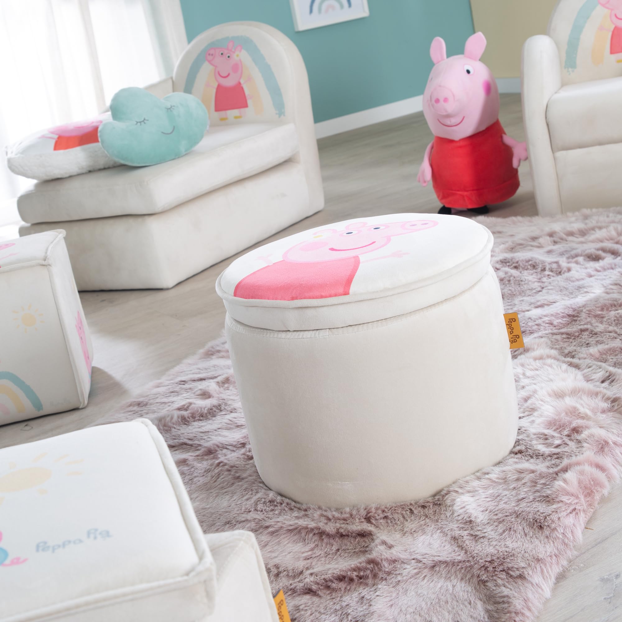 roba Pouf Coffre Bébé Rond Peppa Pig en Velours - Boîte de Rangement pour Enfant dès 18 Mois - Couvercle Amovible - Repose-Pieds Rembourré - Nettoyage Facile - Beige / Motif Truie