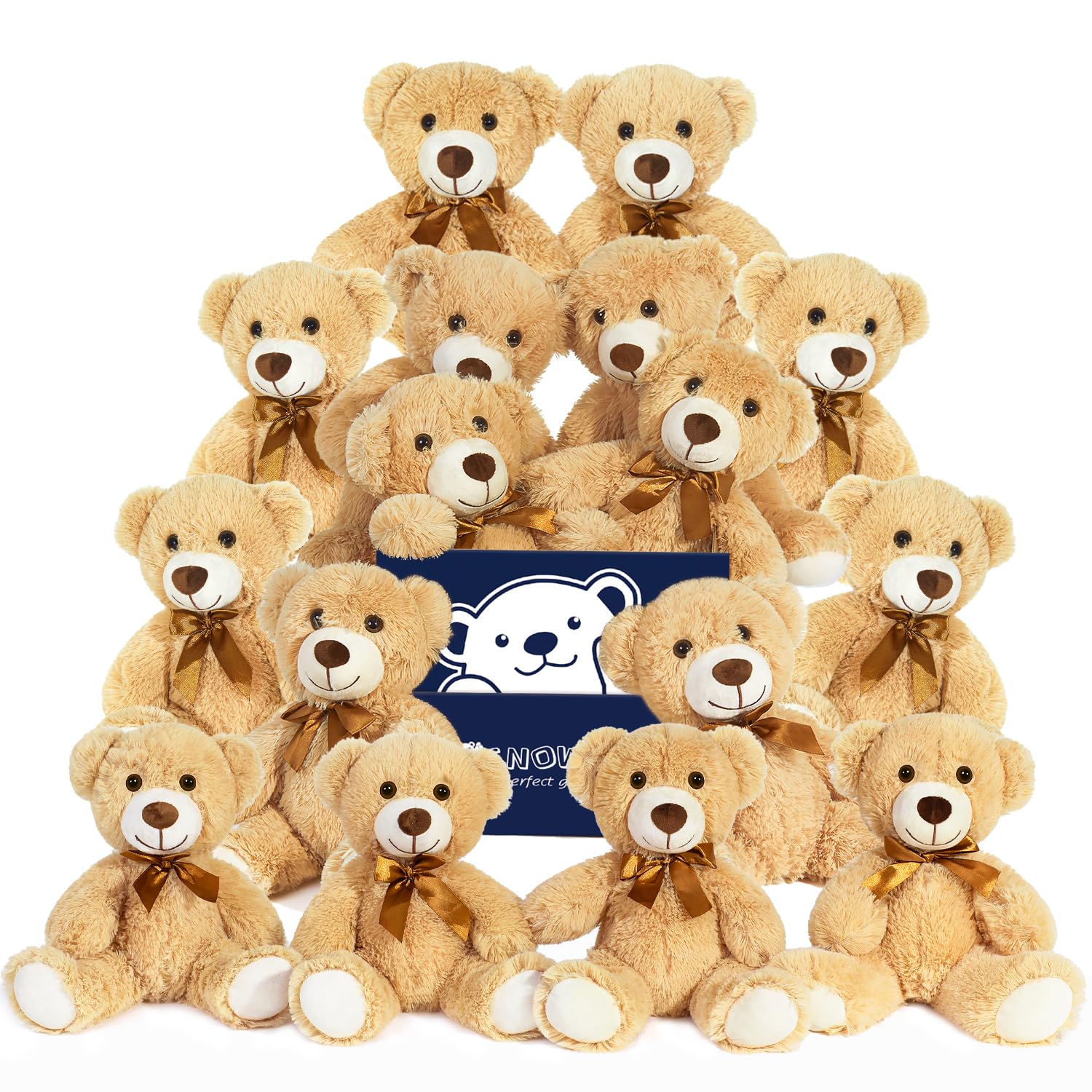 16 Pcs Teddy Bears Bulk Baby Shower, 13.7 inch Small Teddy Bear Stuffed Animal Toys for Christmas Valentine's Mother's Day Centerpieces Decorations for Kids Adults, Light Brown
