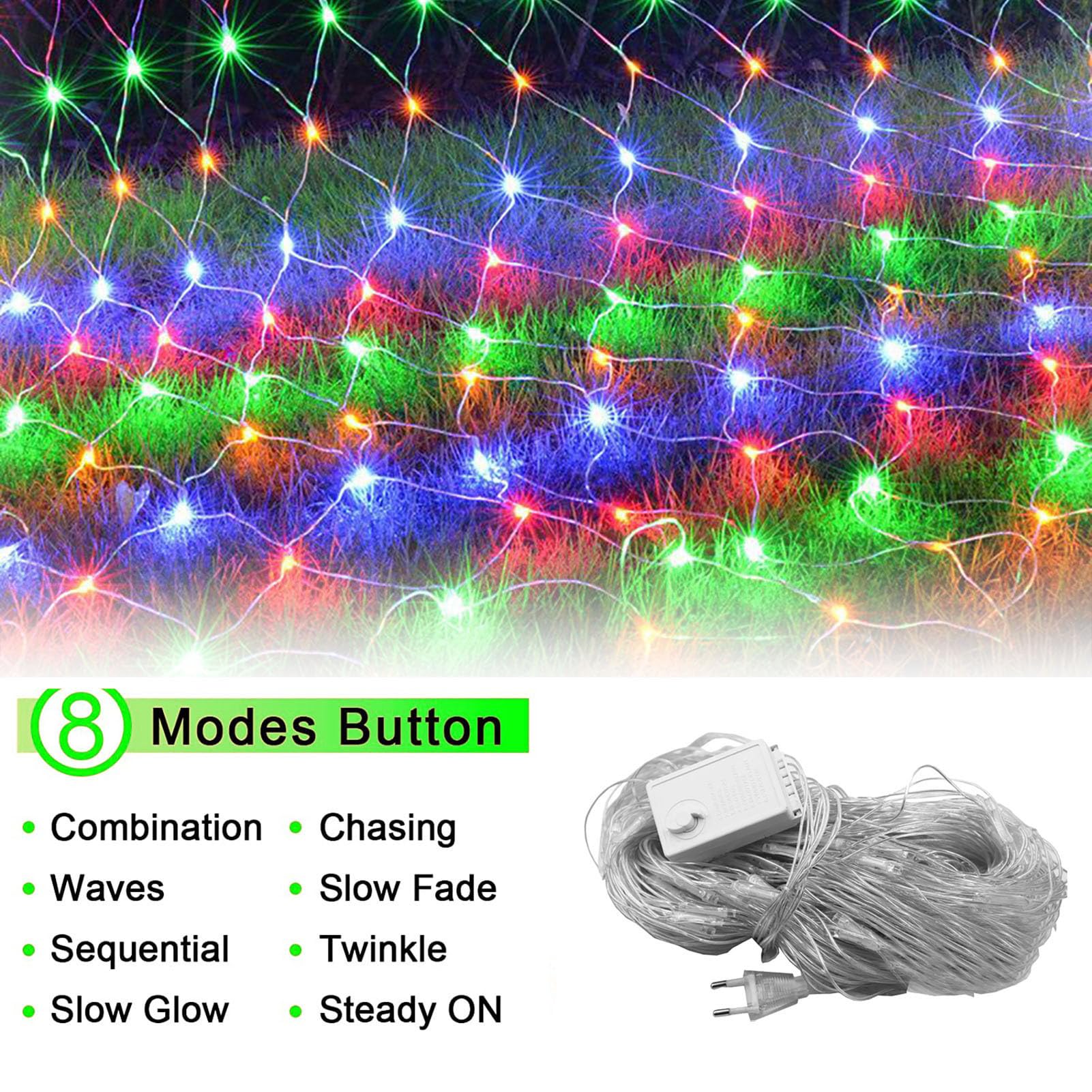 Filet Lumineux Extérieur 2000 LED - 10m X 8m, 8 Modes, Étanche IP44 - Décoration Noël, Jardin, Buissons