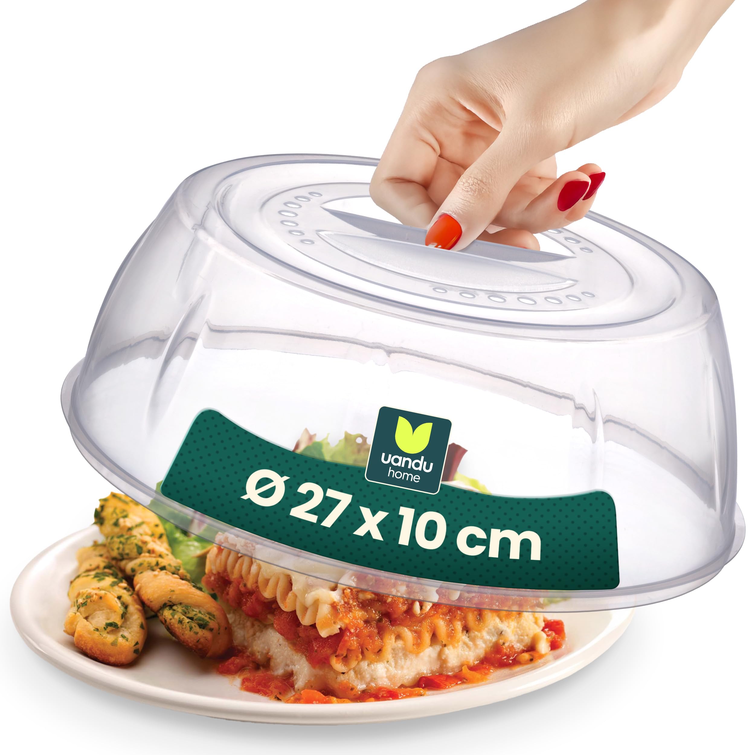 uandu Mikrowellen Abdeckung Ø 27 cm – Mikrowellenhaube hoch mit Griff, Spritzschutz für Lebensmittel, Mikrowellendeckel BPA Frei