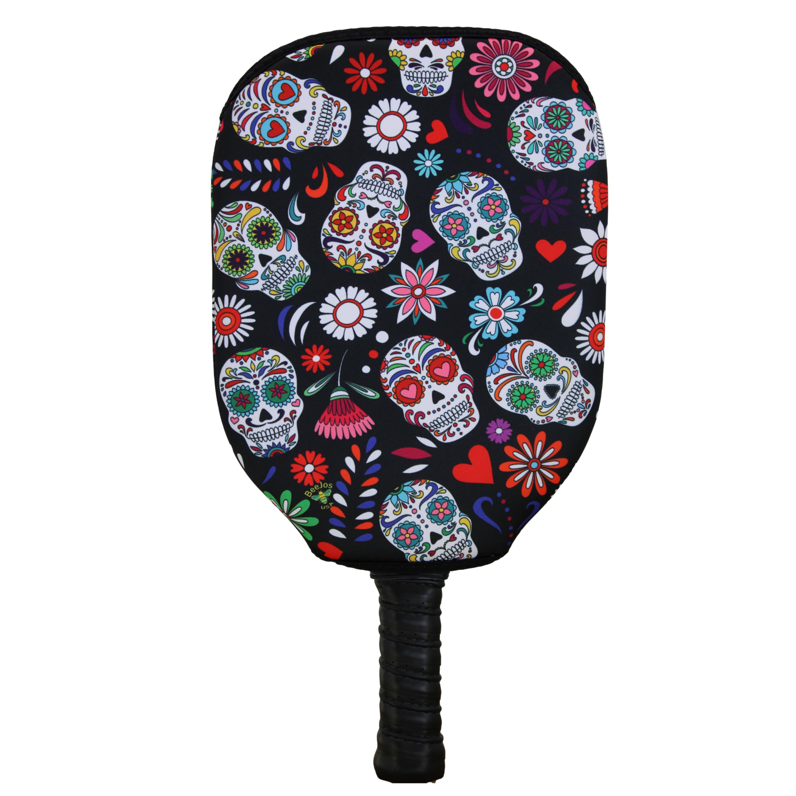 BeeJos Mexican Sugar Skulls: Premium Slip-On Pickleball Paddle Cover-Fits Standard Size Paddles-Zipperless (Paddle not Included) 2 Color Variations