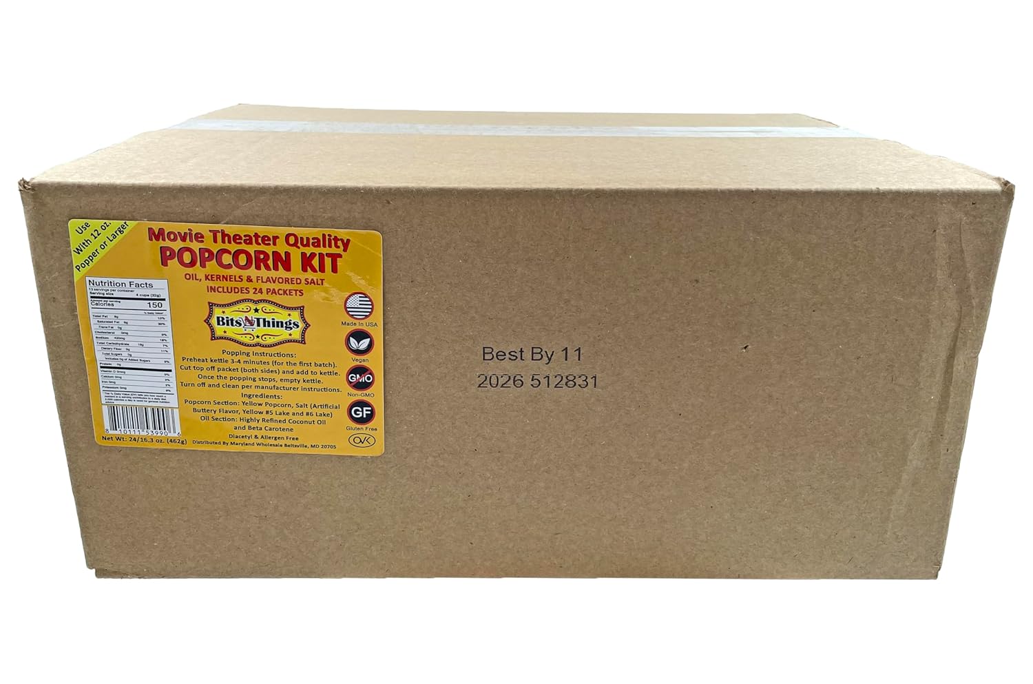 Home Theater All in One Popcorn Kit For 12 oz. Popper | Portion Packets with Kernels, Oil and Flavored Salt | By Bits N Things | Pack of 24
