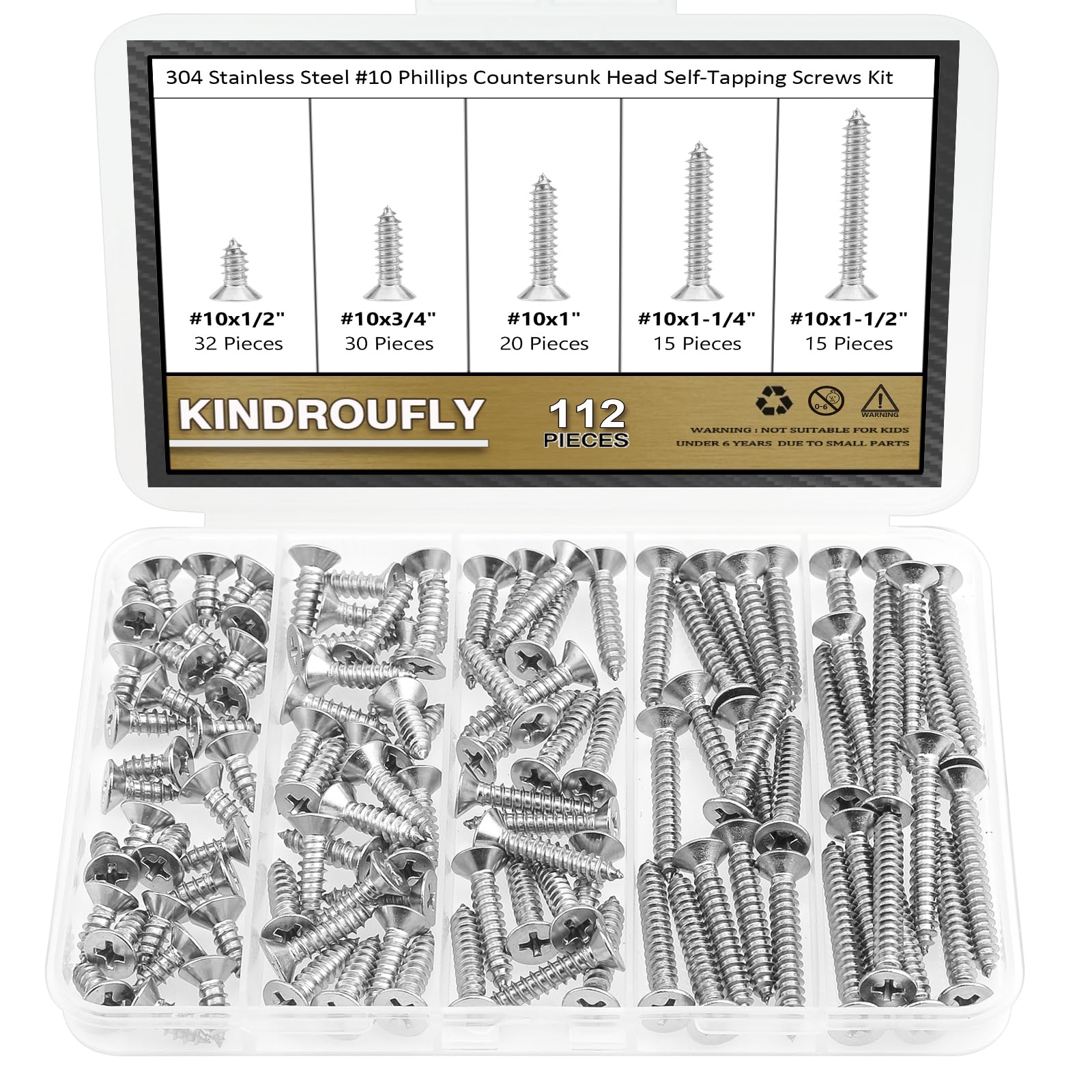 Kindroufly 112 Pieces #10 x 1/2" 3/4" 1" 1-1/4" 1-1/2" Phillips Countersunk Head Self-Tapping Screws, Wood Screws Assortment Kit, 304 Stainless Steel