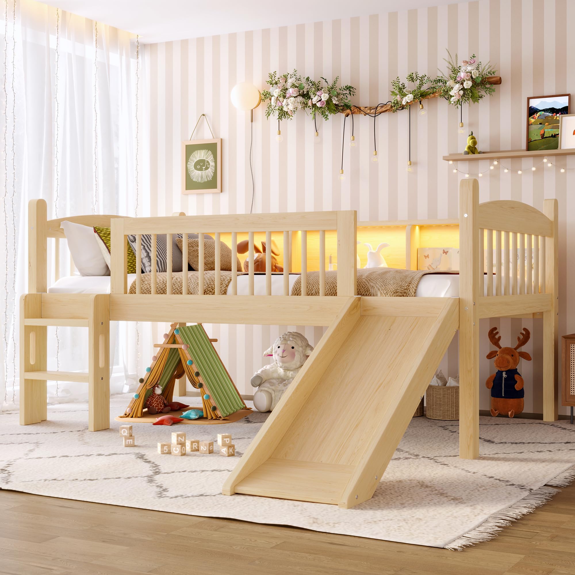 Twin Loft Bed with Storage Shelves, Solid Wood Lower Loft Bed with LED Lights and Full-Length Guardrails, No Box Spring Needed (Natural/T8)