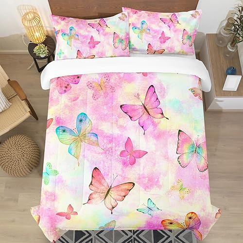 Miniatura 3 de SETWIER - Juego de edredón de mariposa arcoíris tamaño individual, juego de ropa de cama de flores rosas para niños, ultra suave, transpirable,