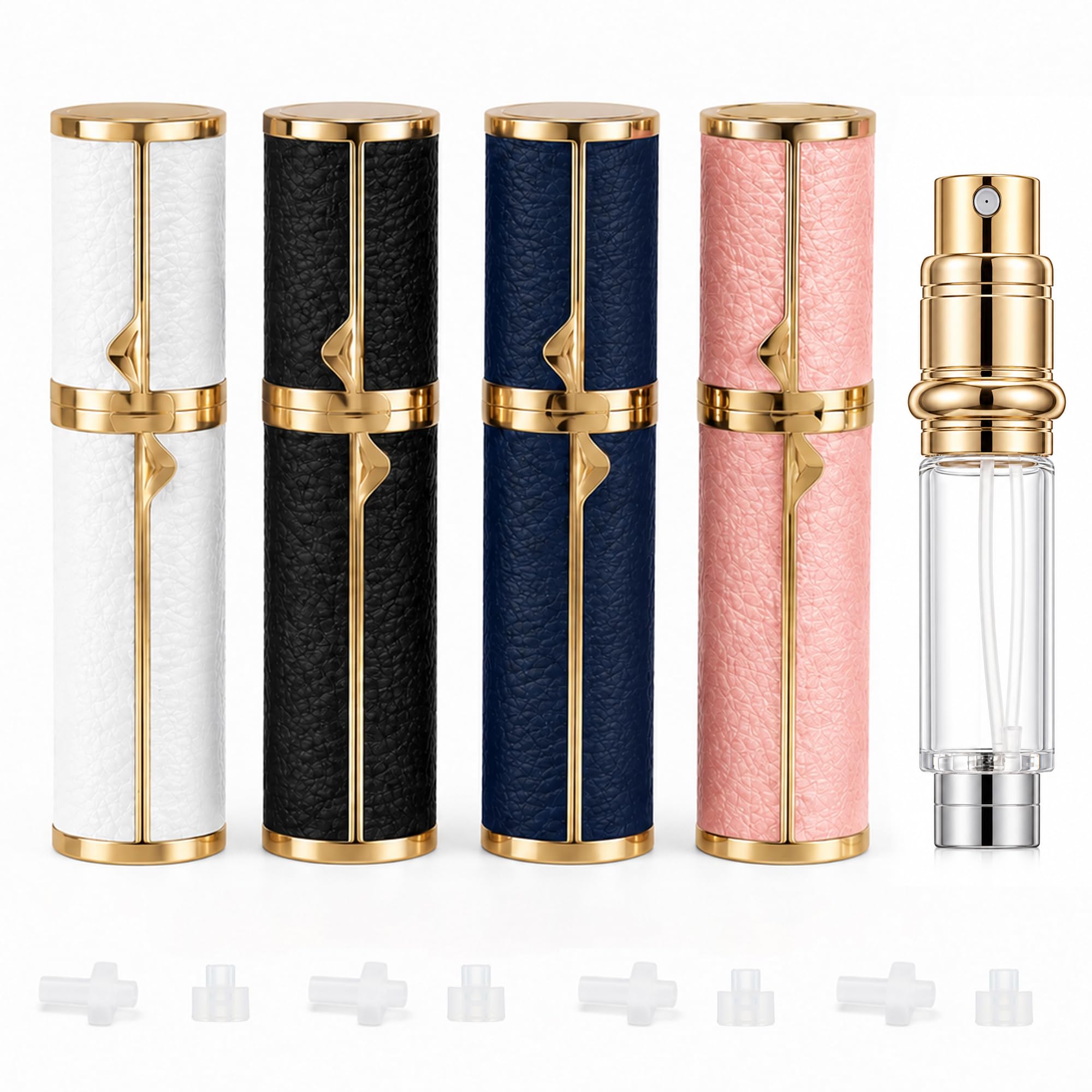 Zestaw podróżny do napełniania perfum o pojemności 10 ml, owinięty skórą opryskiwacz do napełniania dolnego napełniania z 4 parami adapterów i woreczkiem, przenośny, pusty pojemnik na wodę