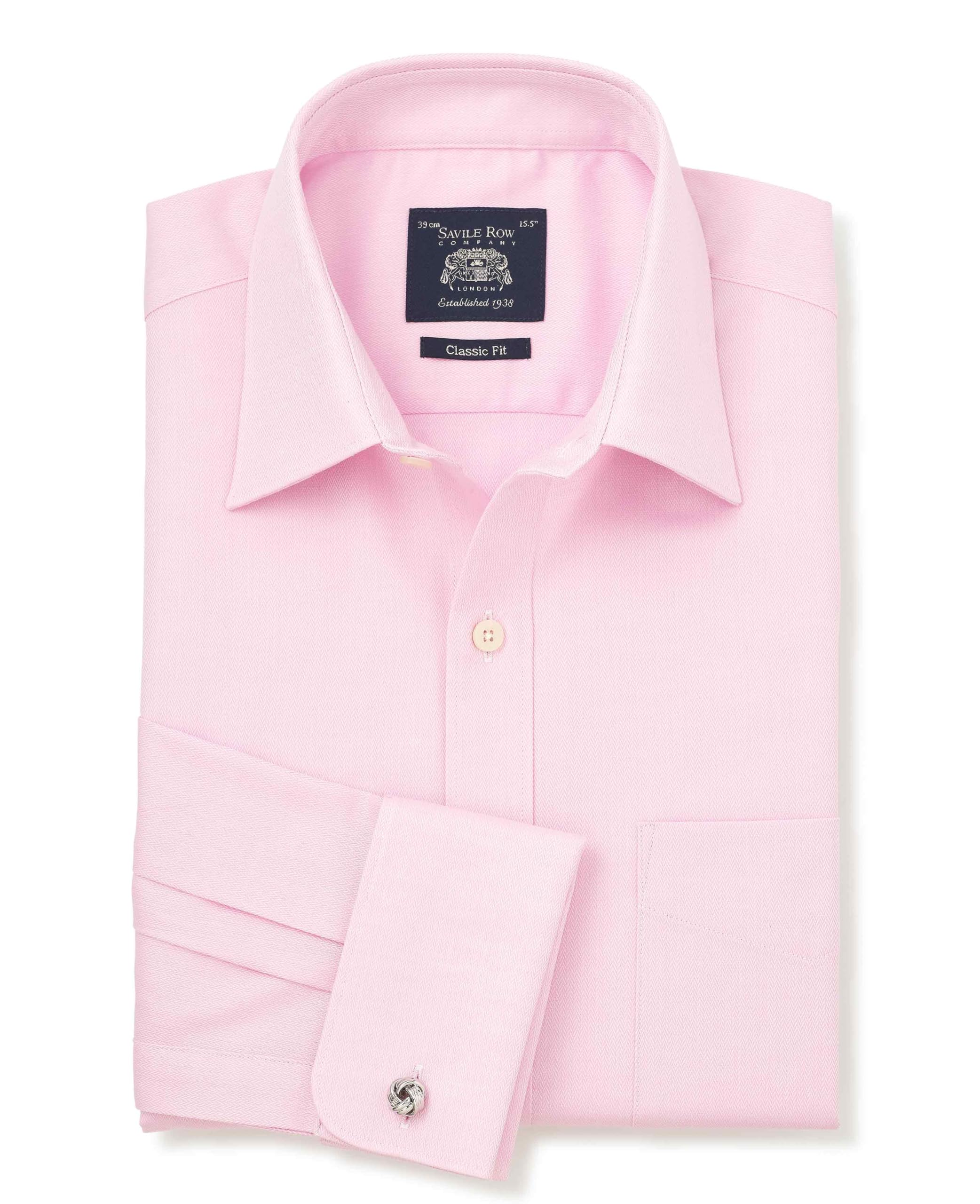 THE SAVILE ROW COMPANY LONDON Men's Classic Fit Cotton Herringbone Double Cuff Formal Shirt - Pink - 15.5" Collar