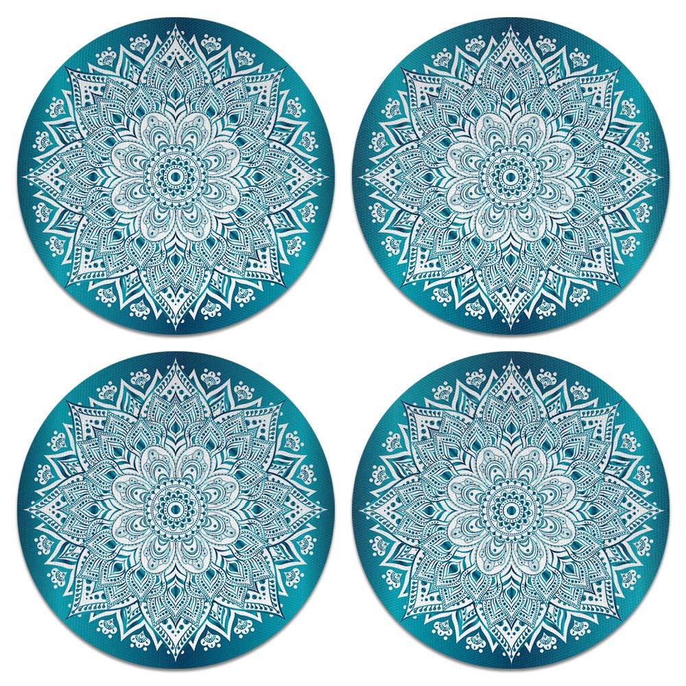 Amazon Caribouコースター ティール ホワイト 曼荼羅デザイン 吸収性 ラウンド生地 フェルト製 ネオプレンコースター 4枚セット Caribou Coasters コースター 通販