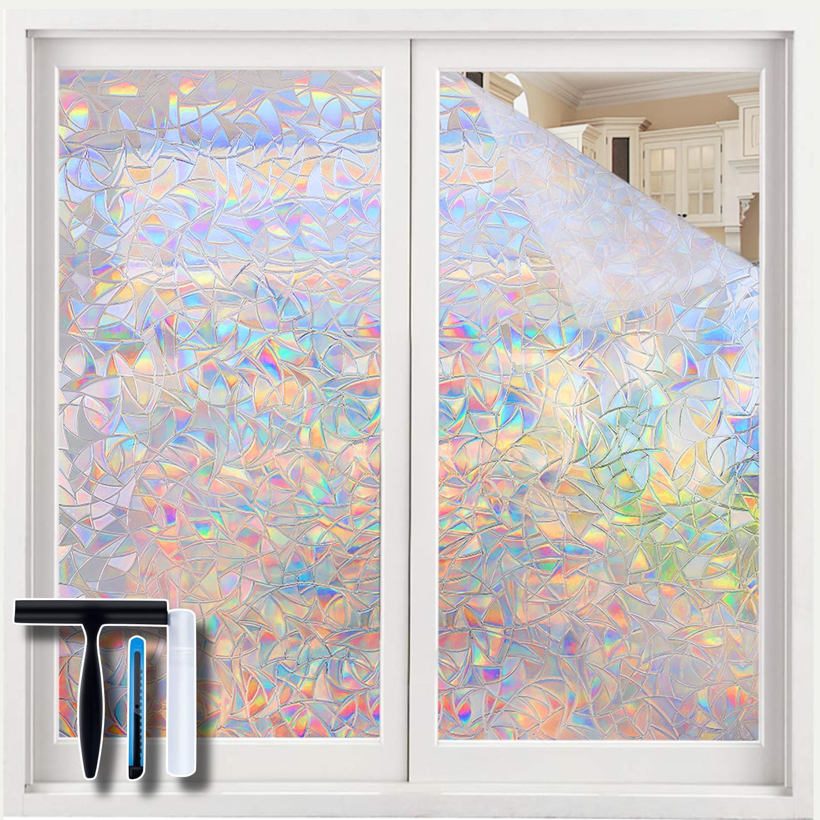 Volcanics Window Privacy Film Static Window Clings Vinyl 3D Window Decals Window Stickers Rainbow Window Film for Glass Door Home Heat Control Anti UV 23.6 x 78.7 Inches