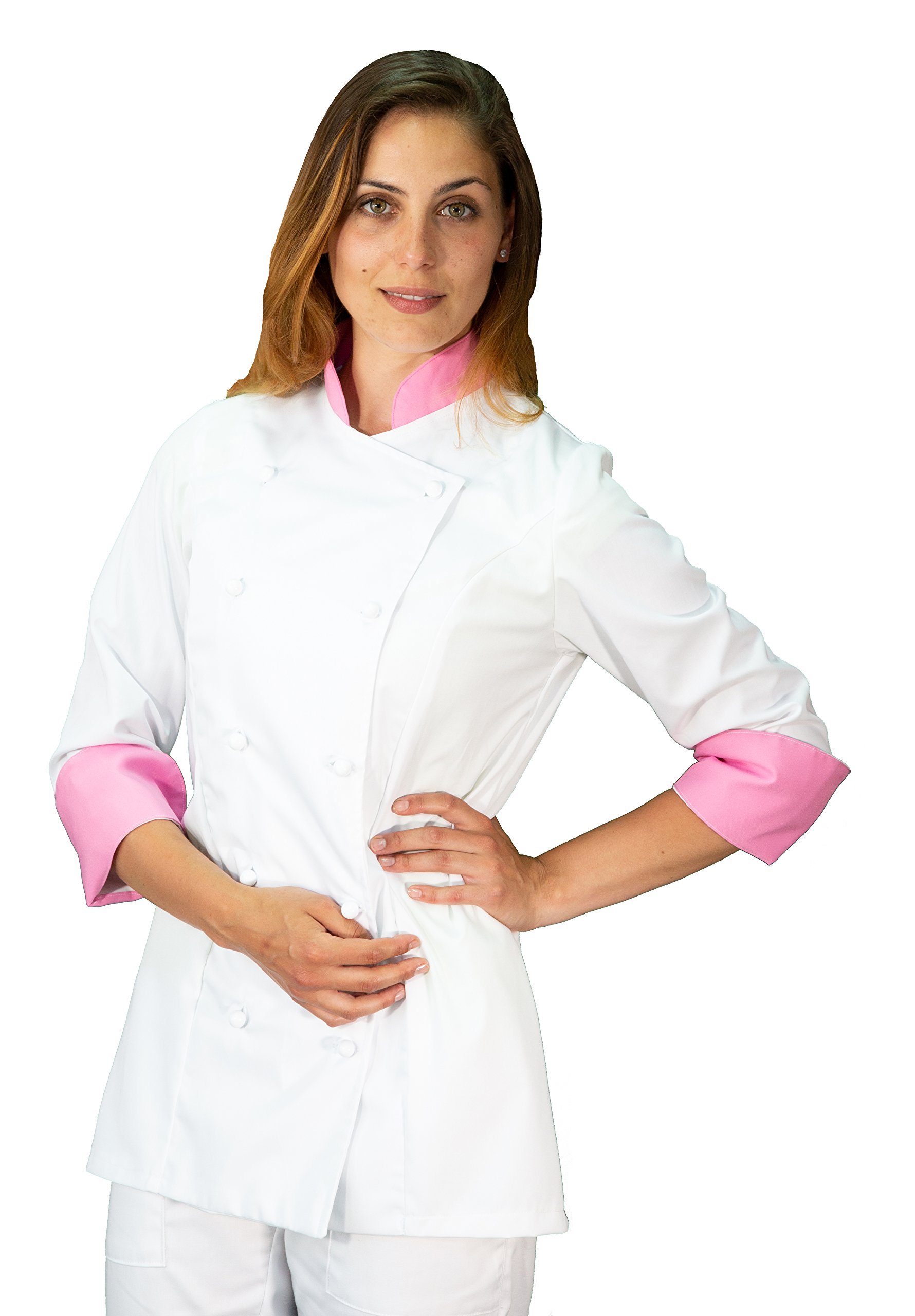 Ricamo Gratuito - Divisa Cuoco Donna - Bianca e Rosa - Giacca, Pantalone e Grembiule - Completo per Cucina e Ristorante