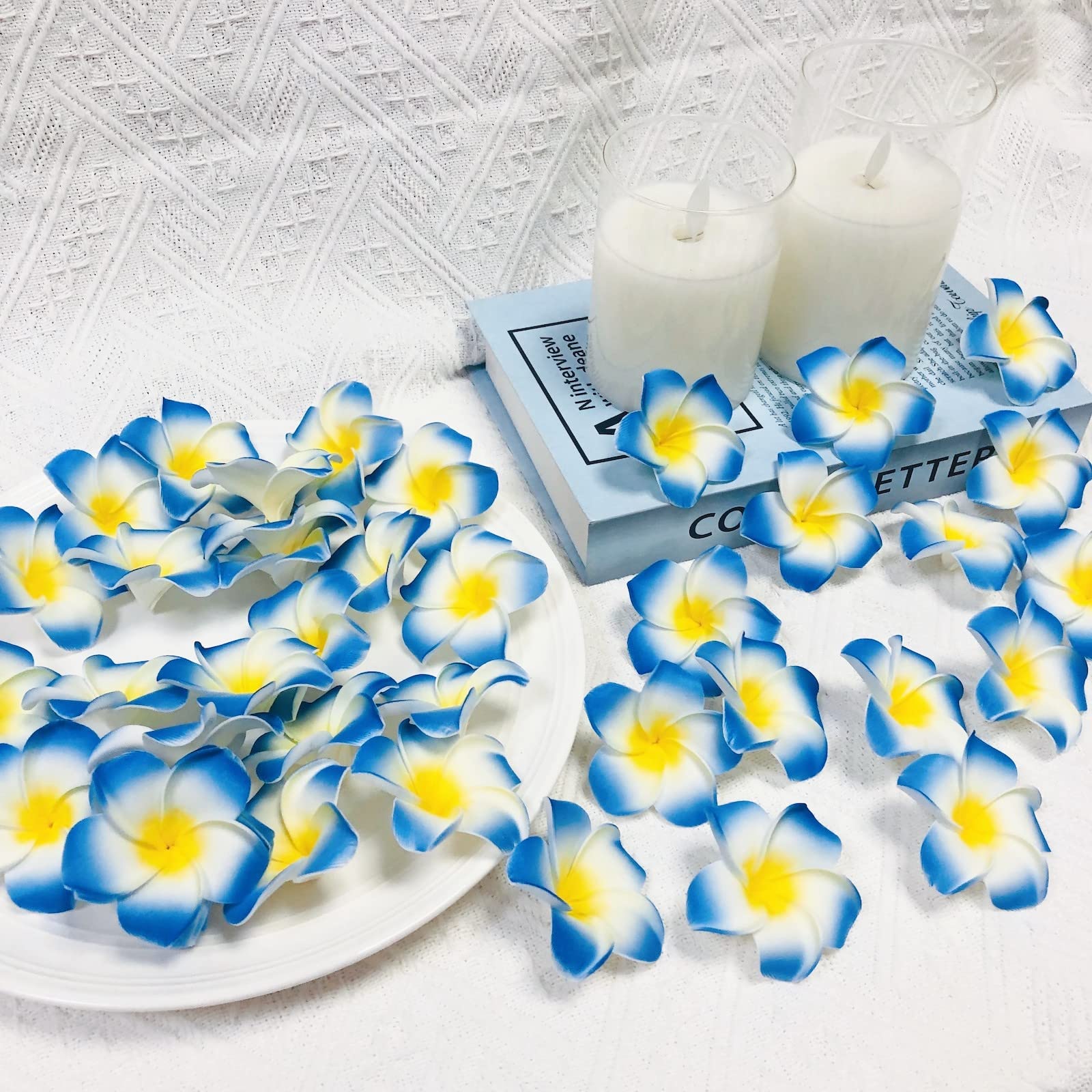 Riaxuebiy 50pcs Artificial Plumeria Petals Foam Eggflower Hawaiian Frangipani Flower Heads for Wedding Party Beach Home Brooch Hairpin Decoration (Blue) - Image 2