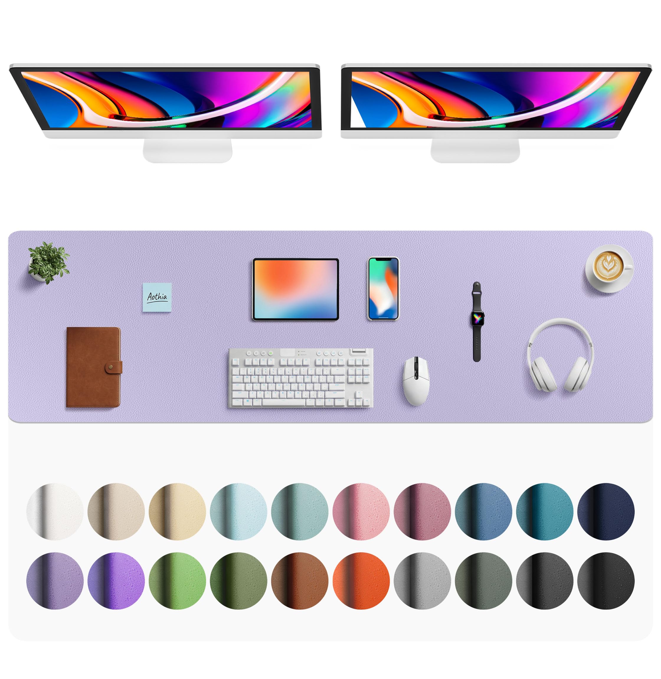 Aothia Faux Leather Desk Mat - Large Mouse Pad, Non-Slip PU Leather Blotter, Waterproof Writing Surface for Office and Home (Lavender, 63" x 17")