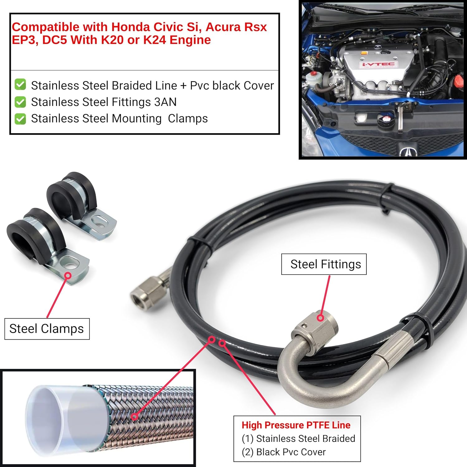 Clutch Line Hose Kit - Compatible with Honda Civic Si - Compatible with Acura RSX (DC5-EP3) K20 2.0L