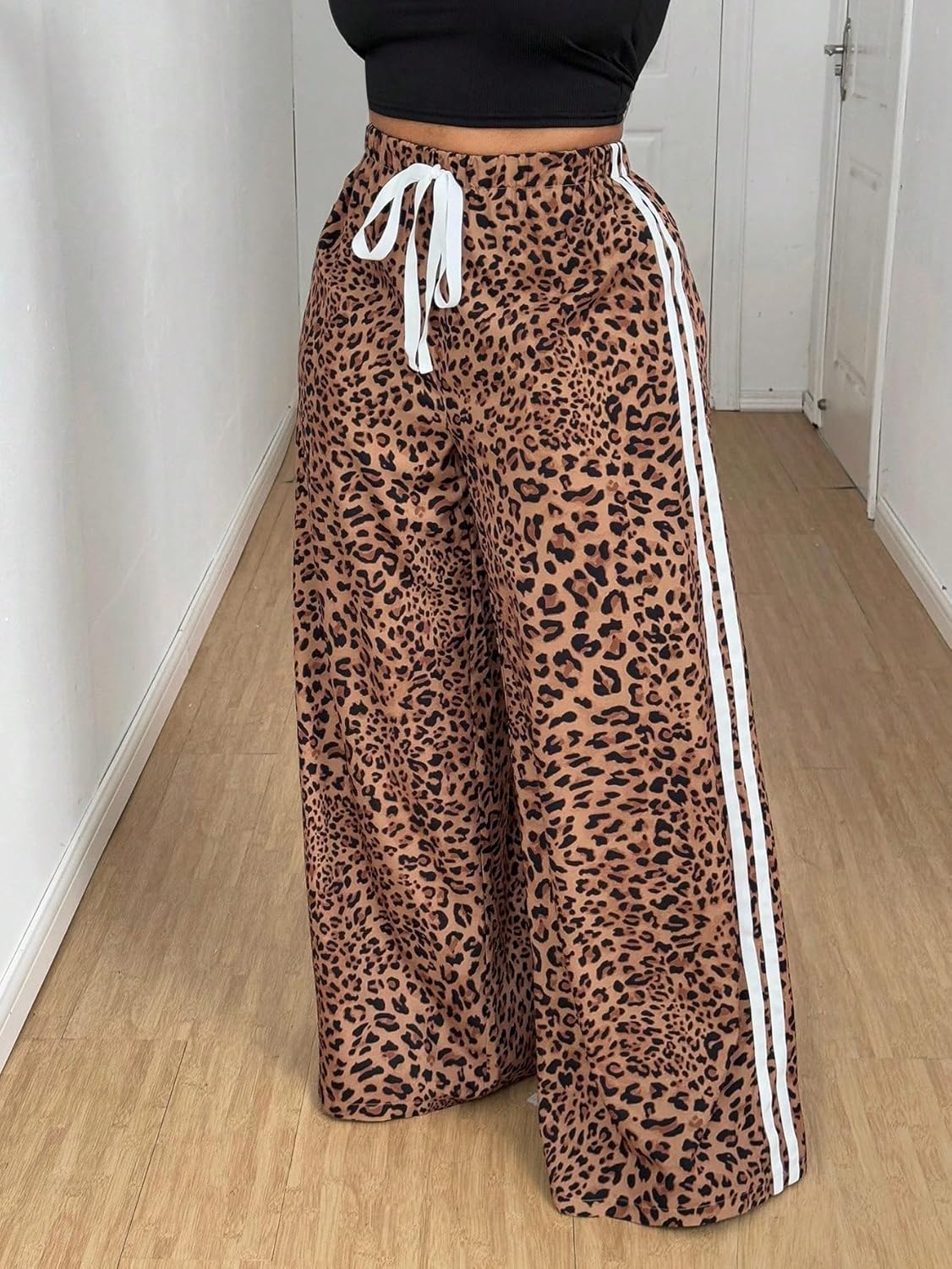 Women's Plus Size Leopard Baggy Pants Y2k Stripe Cheetah Pants Tie Front Wide Leg Loose Trousers - Image 3