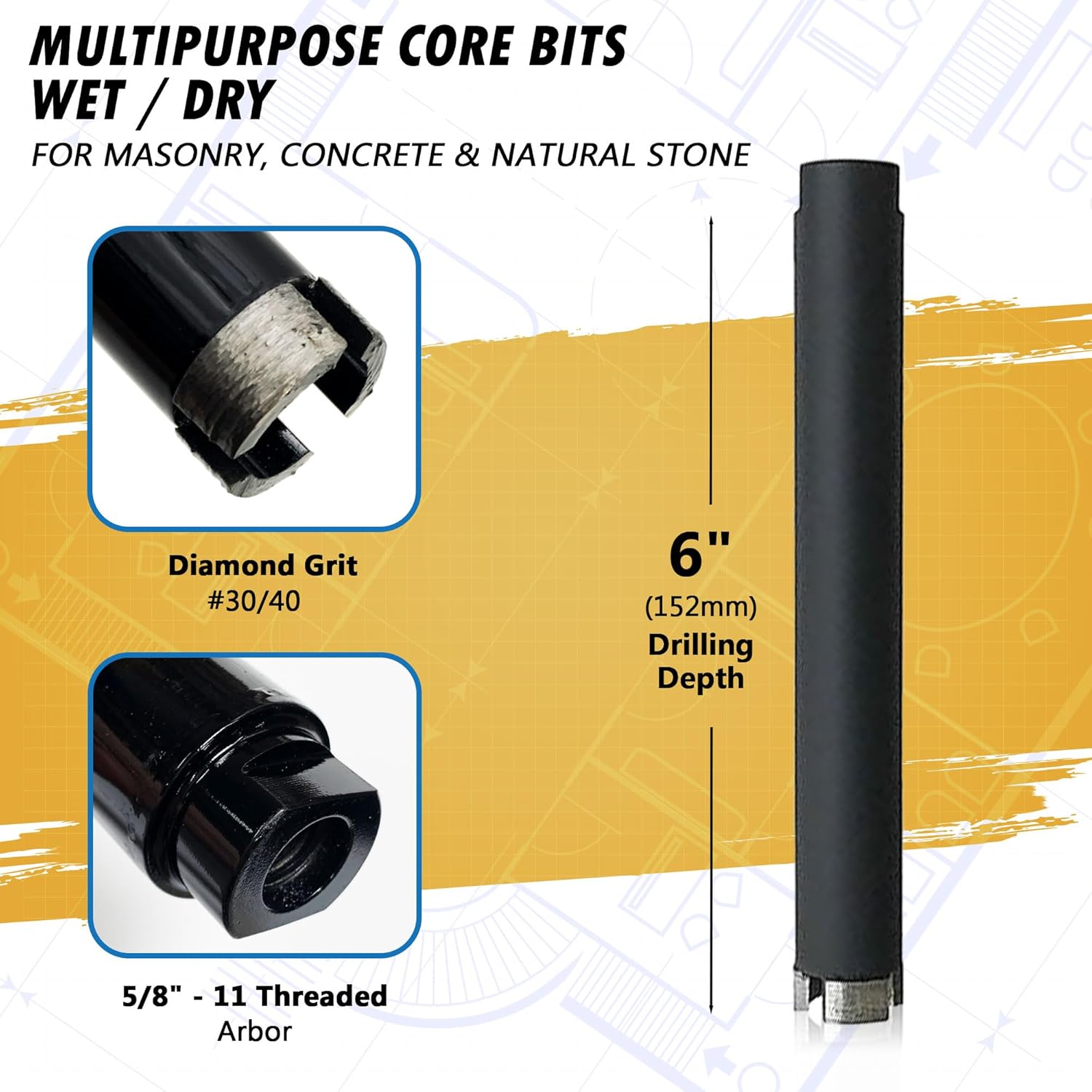 7/8" Dry/Wet Multipurpose Core Bit for Masonry, Concrete and Natural Stone, 6" Drilling Depth, 5/8"-11 Arbor